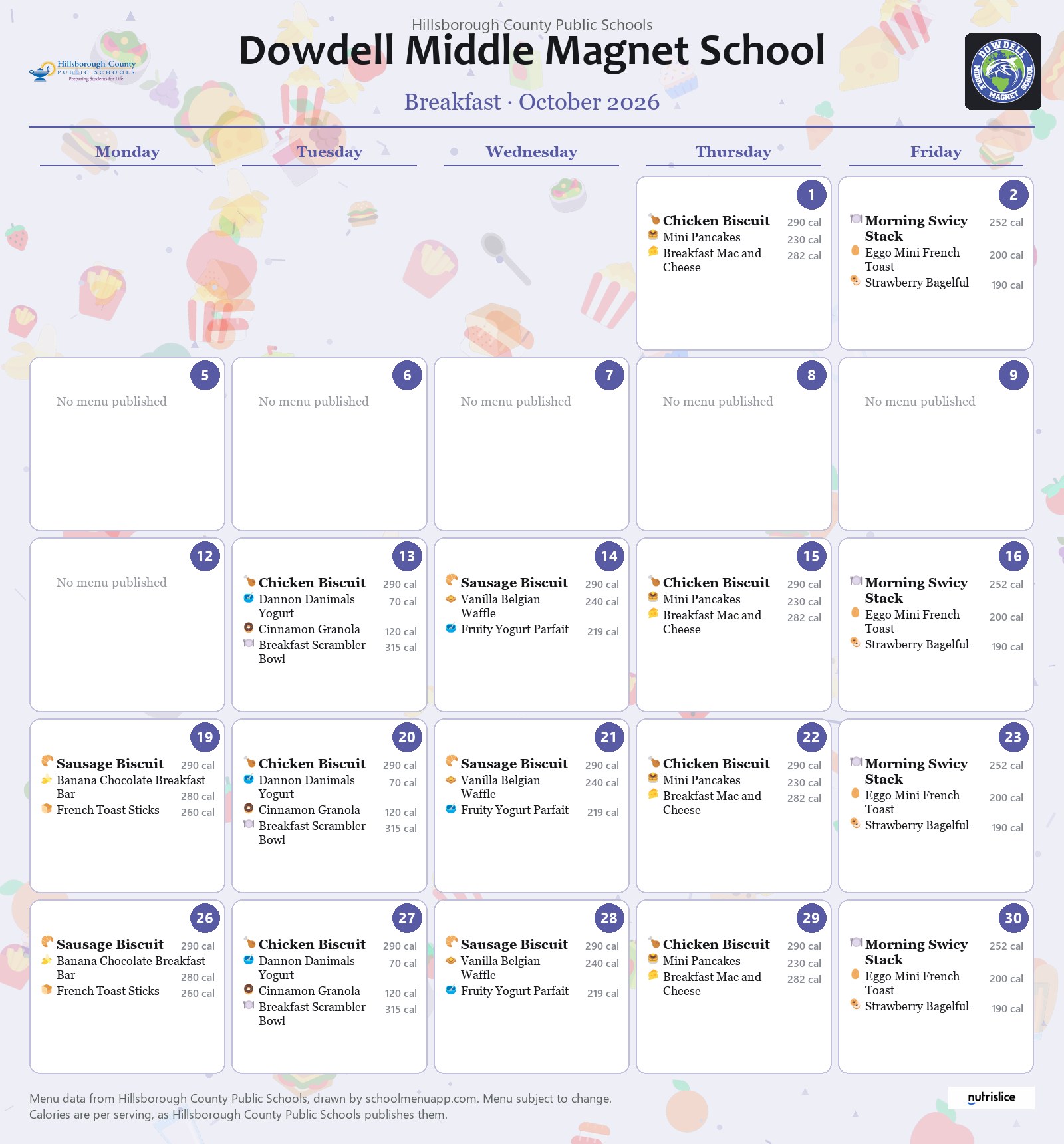 Dowdell Middle Magnet School breakfast menu for October 2026 &mdash; Hillsborough County Public Schools