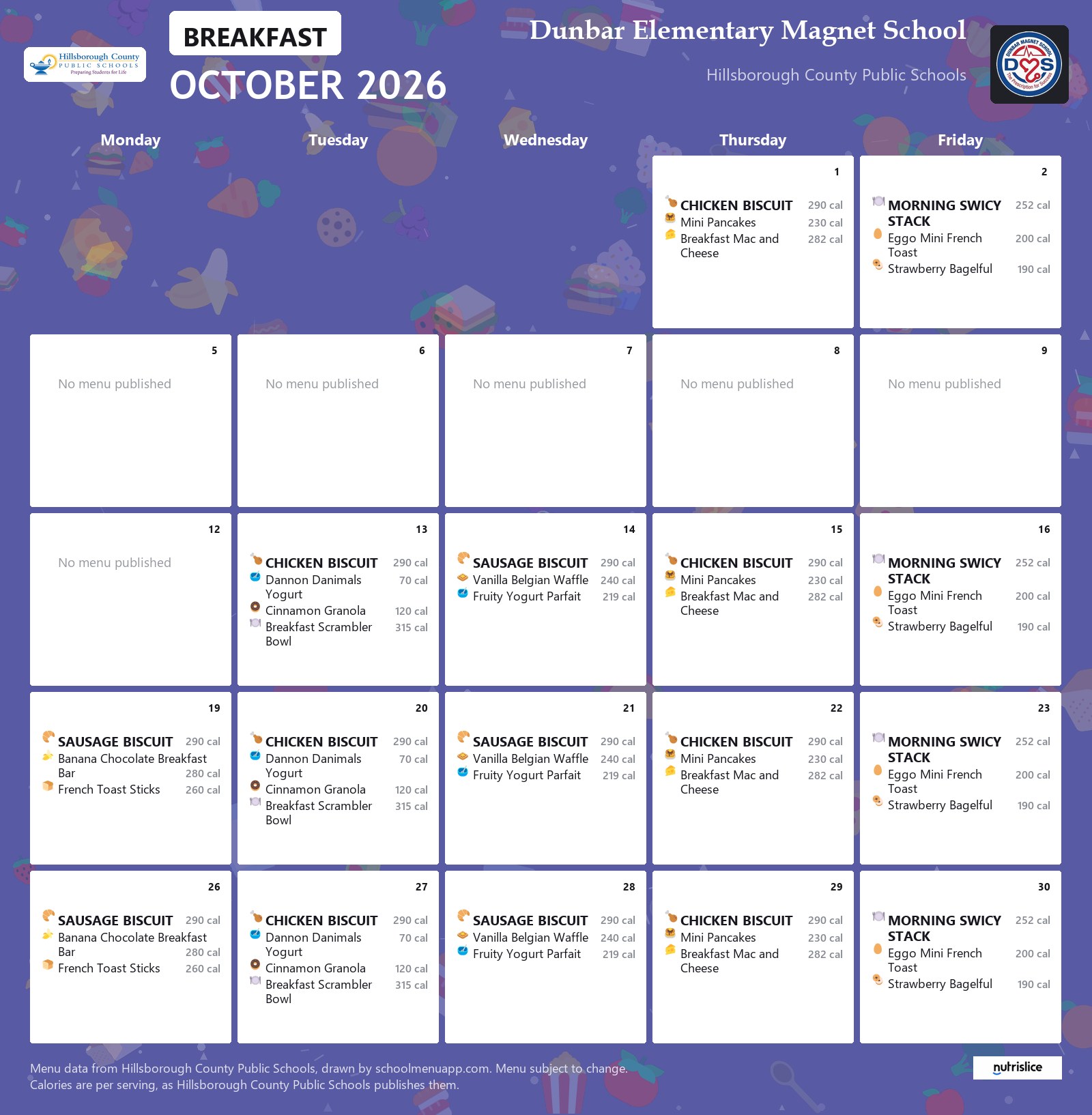 Dunbar Elementary Magnet School breakfast menu for October 2026 &mdash; Hillsborough County Public Schools