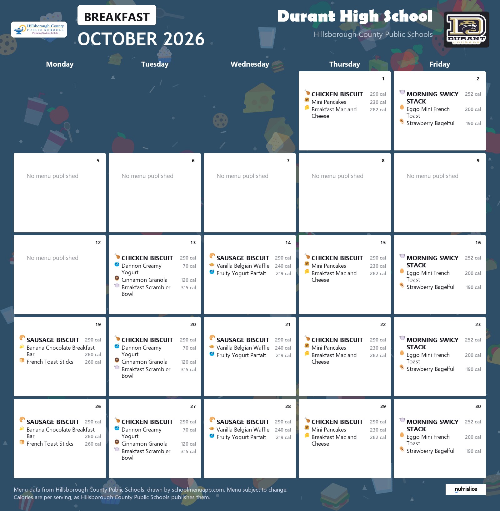Durant High School breakfast menu for October 2026 &mdash; Hillsborough County Public Schools