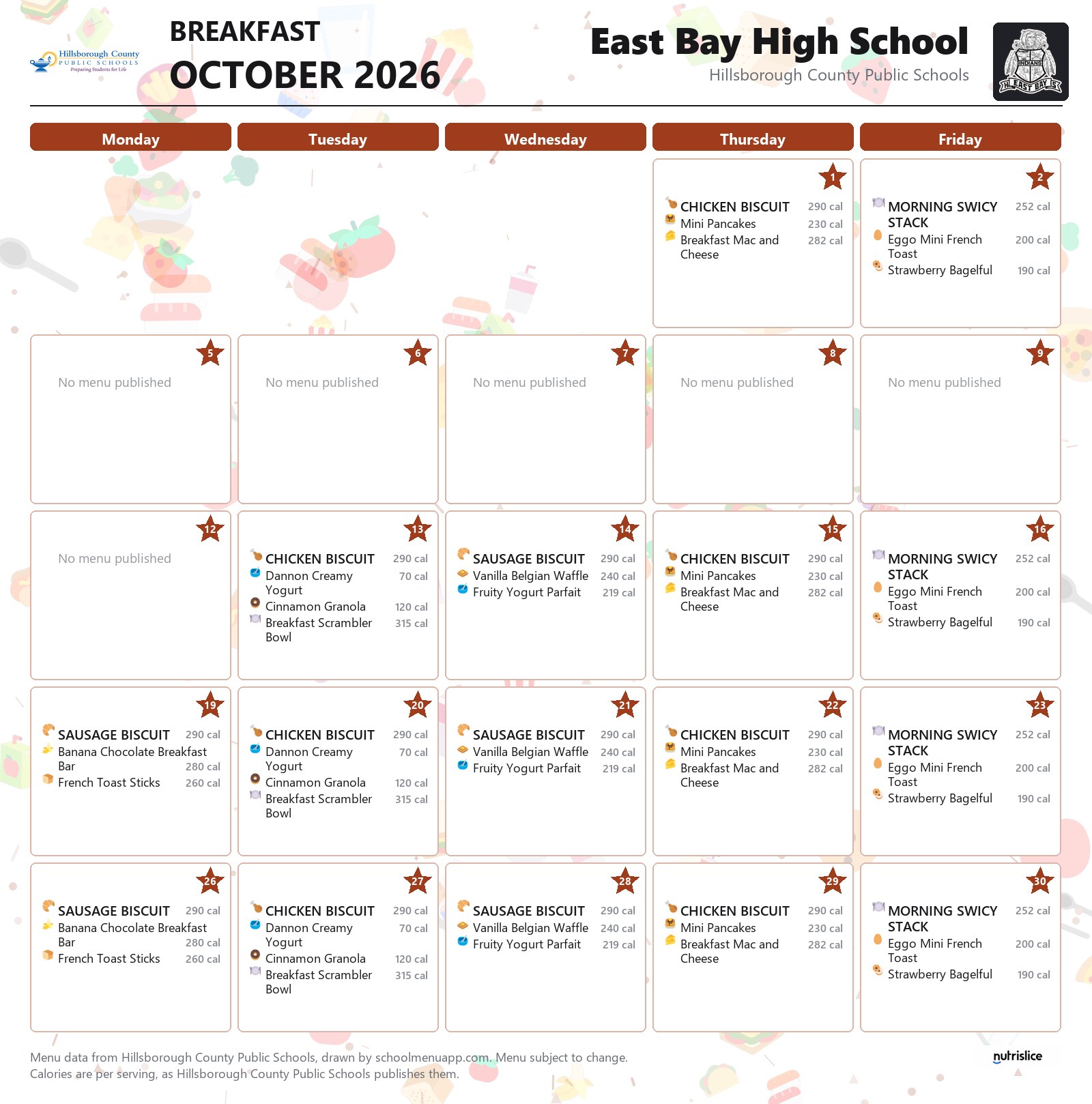 East Bay High School breakfast menu for October 2026 &mdash; Hillsborough County Public Schools