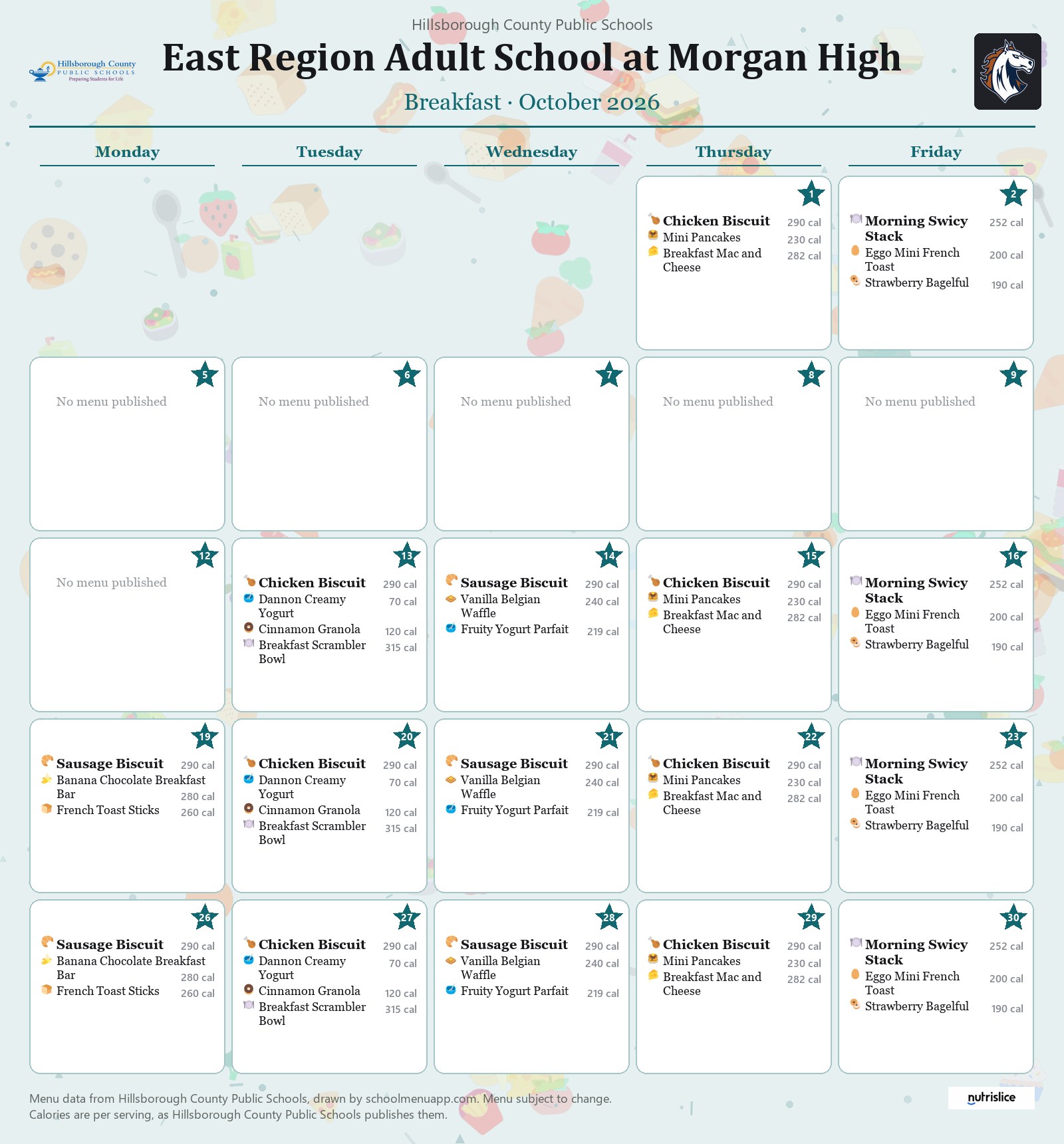 East Region Adult School at Morgan High breakfast menu for October 2026 &mdash; Hillsborough County Public Schools