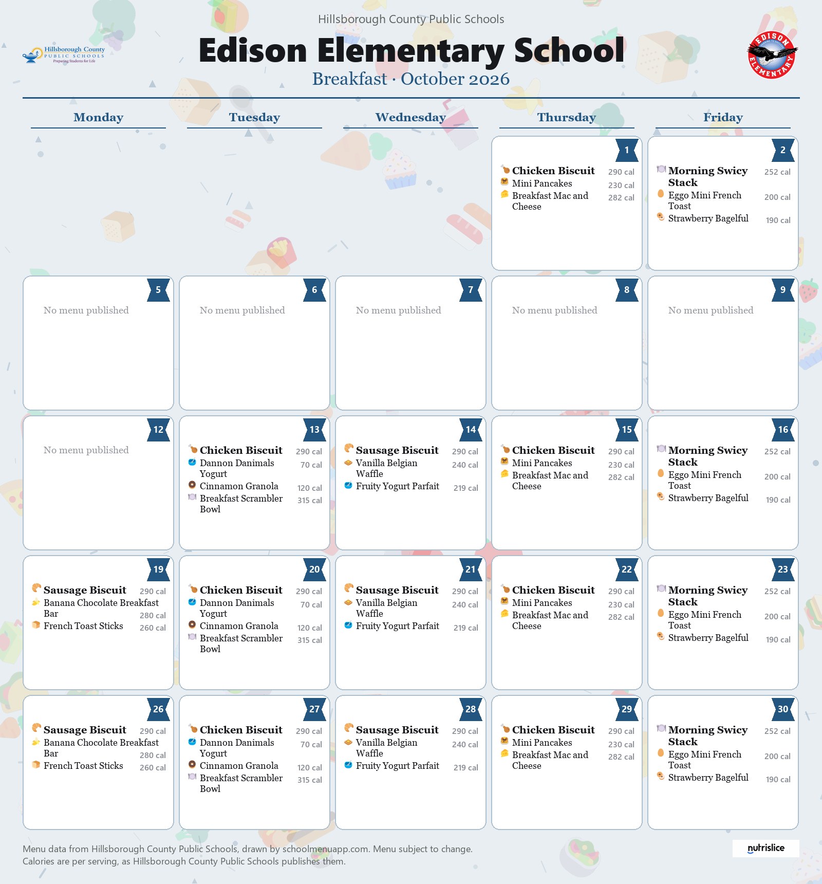 Edison Elementary School breakfast menu for October 2026 &mdash; Hillsborough County Public Schools