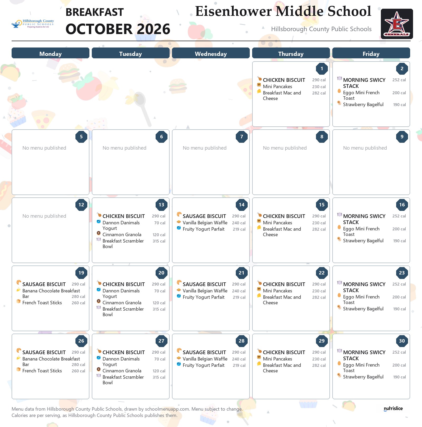 Eisenhower Middle School breakfast menu for October 2026 &mdash; Hillsborough County Public Schools