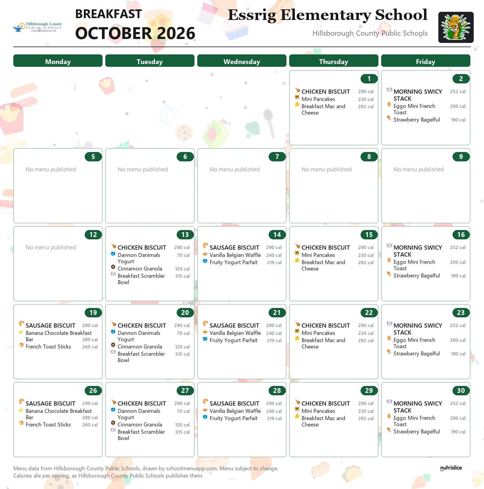 Essrig Elementary School breakfast menu for October 2026 &mdash; Hillsborough County Public Schools