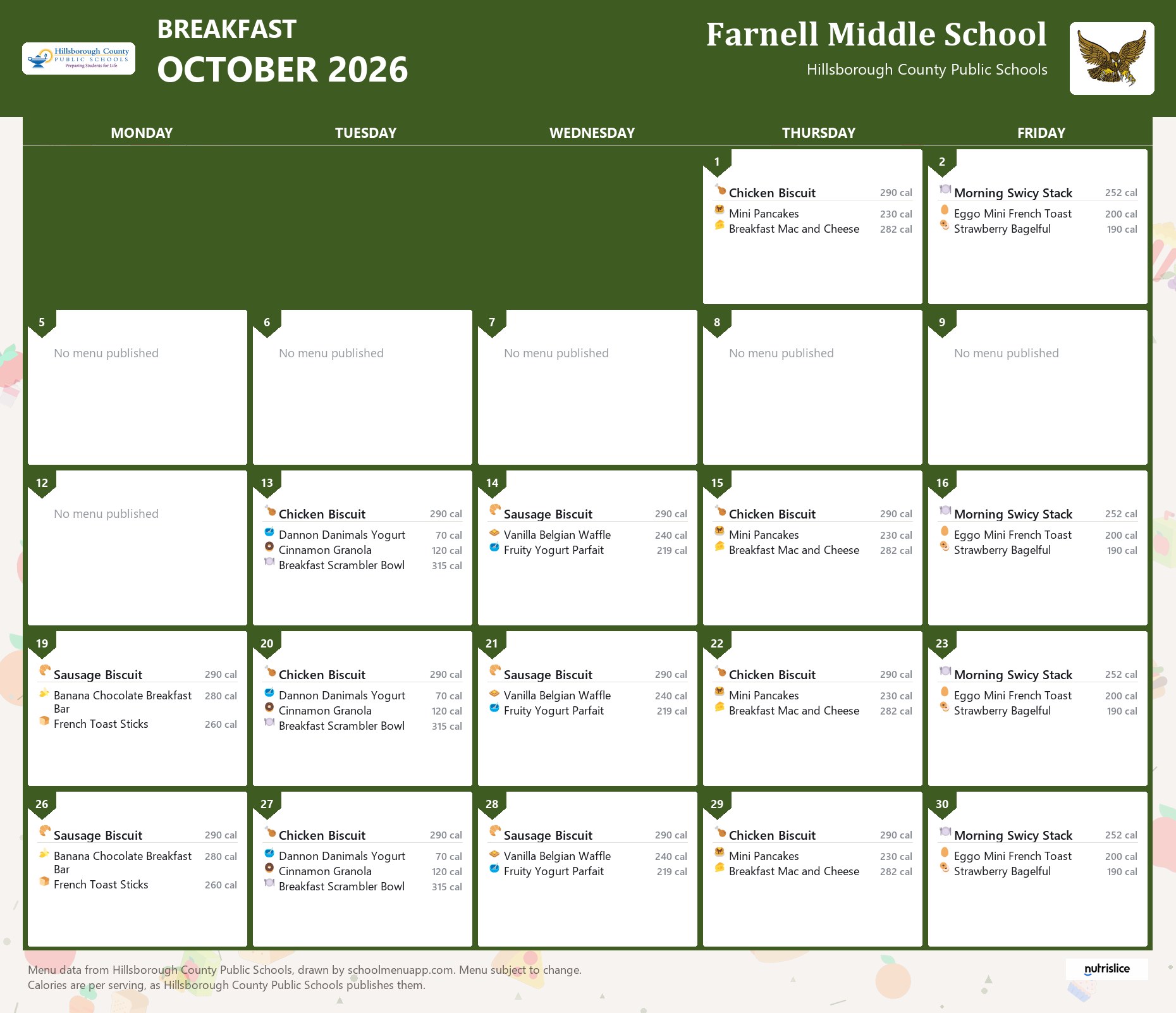Farnell Middle School breakfast menu for October 2026 &mdash; Hillsborough County Public Schools