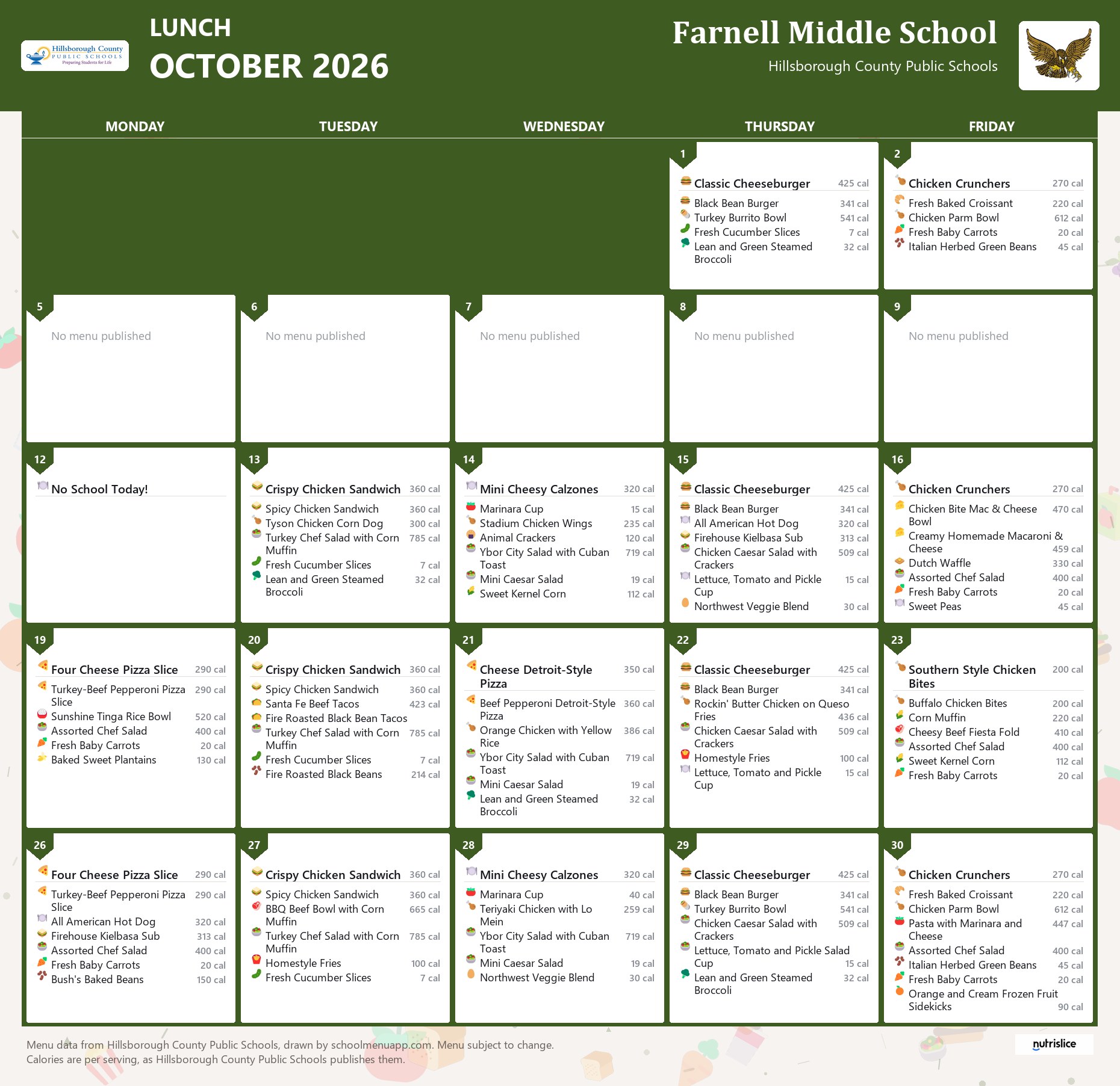 Farnell Middle School lunch menu for October 2026 &mdash; Hillsborough County Public Schools