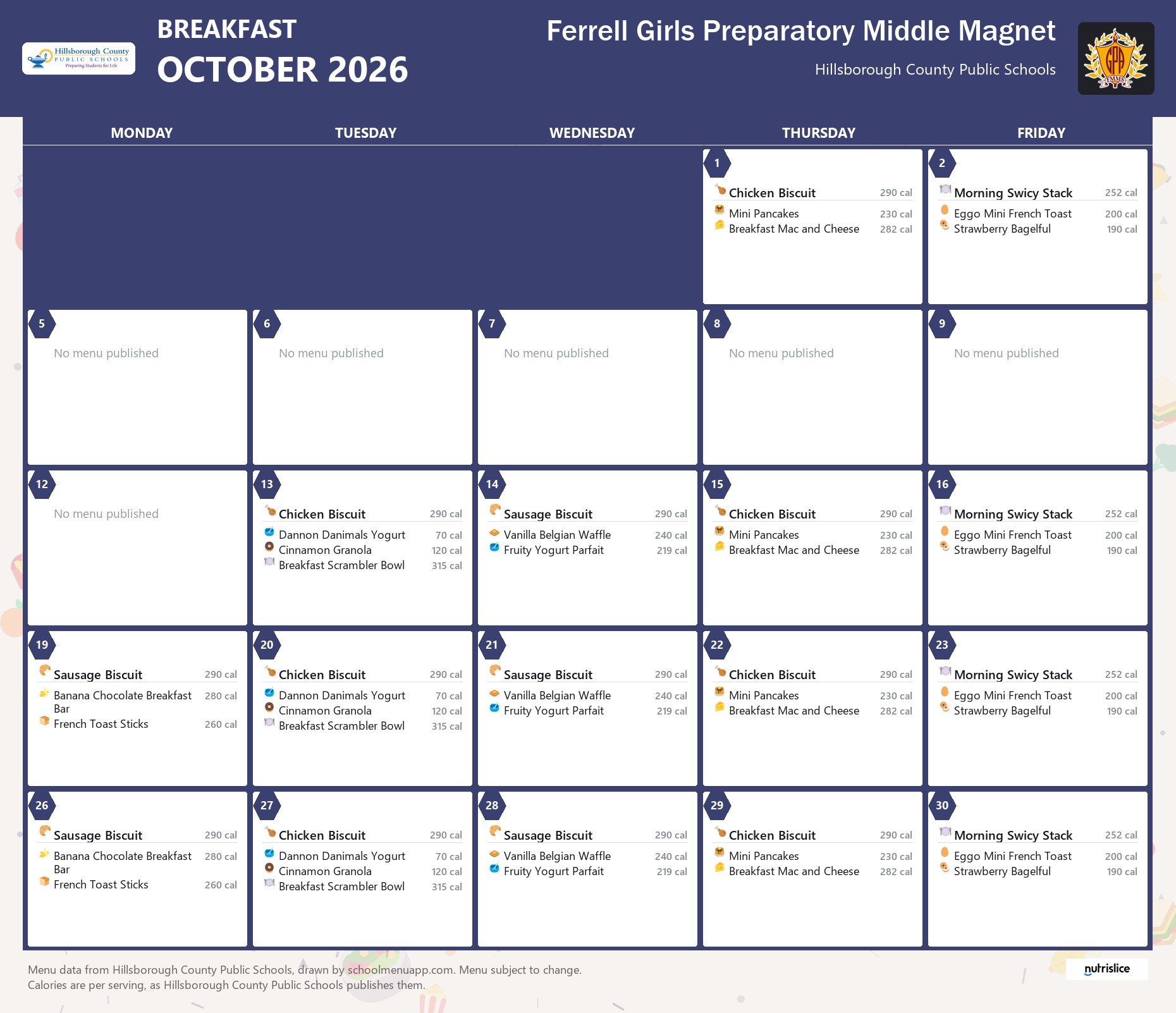 Ferrell Girls Preparatory Middle Magnet breakfast menu for October 2026 &mdash; Hillsborough County Public Schools