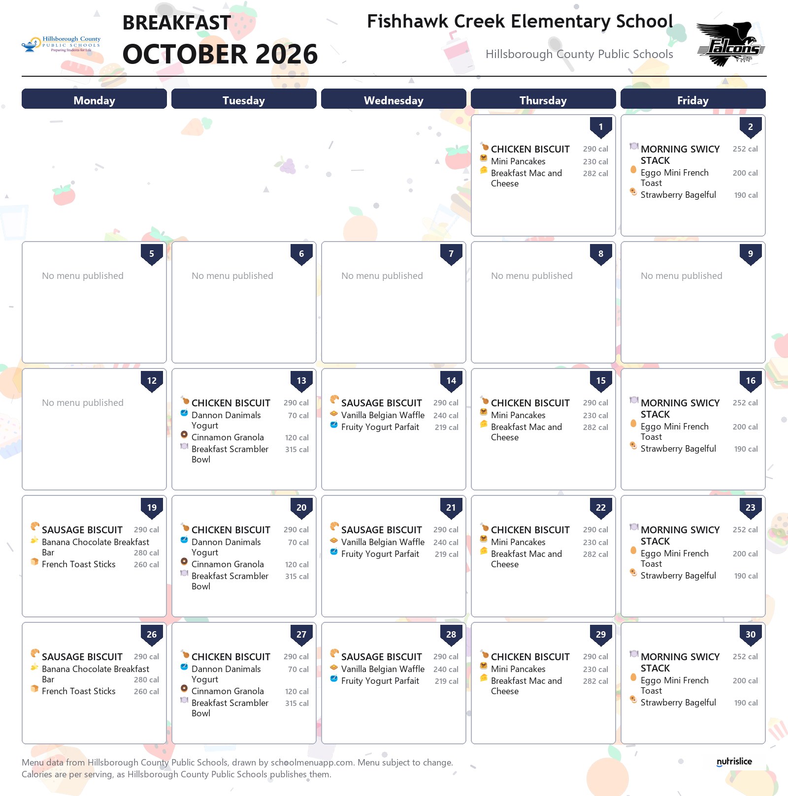 Fishhawk Creek Elementary School breakfast menu for October 2026 &mdash; Hillsborough County Public Schools