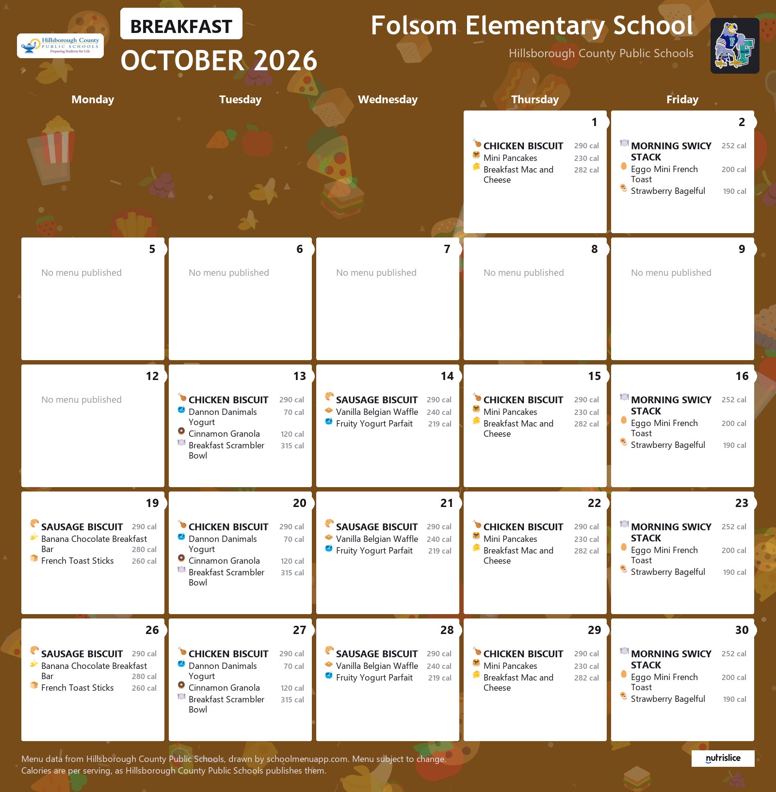 Folsom Elementary School breakfast menu for October 2026 &mdash; Hillsborough County Public Schools