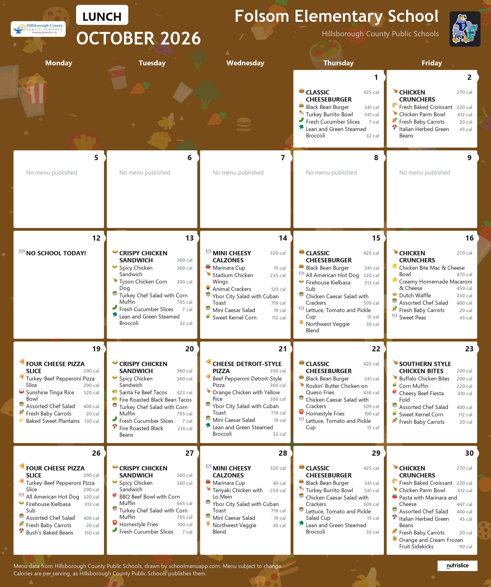 Folsom Elementary School lunch menu for October 2026 &mdash; Hillsborough County Public Schools