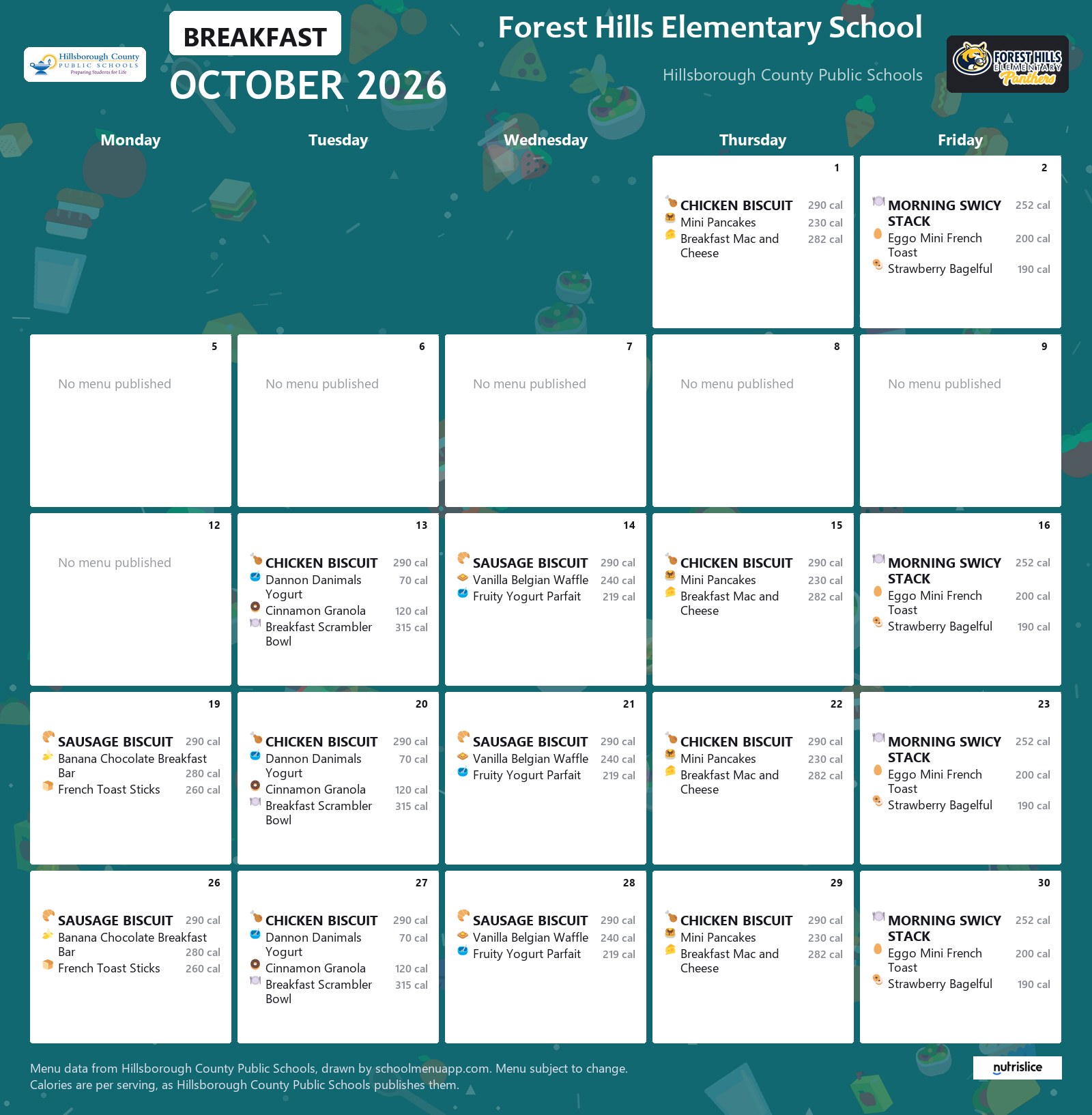 Forest Hills Elementary School breakfast menu for October 2026 &mdash; Hillsborough County Public Schools