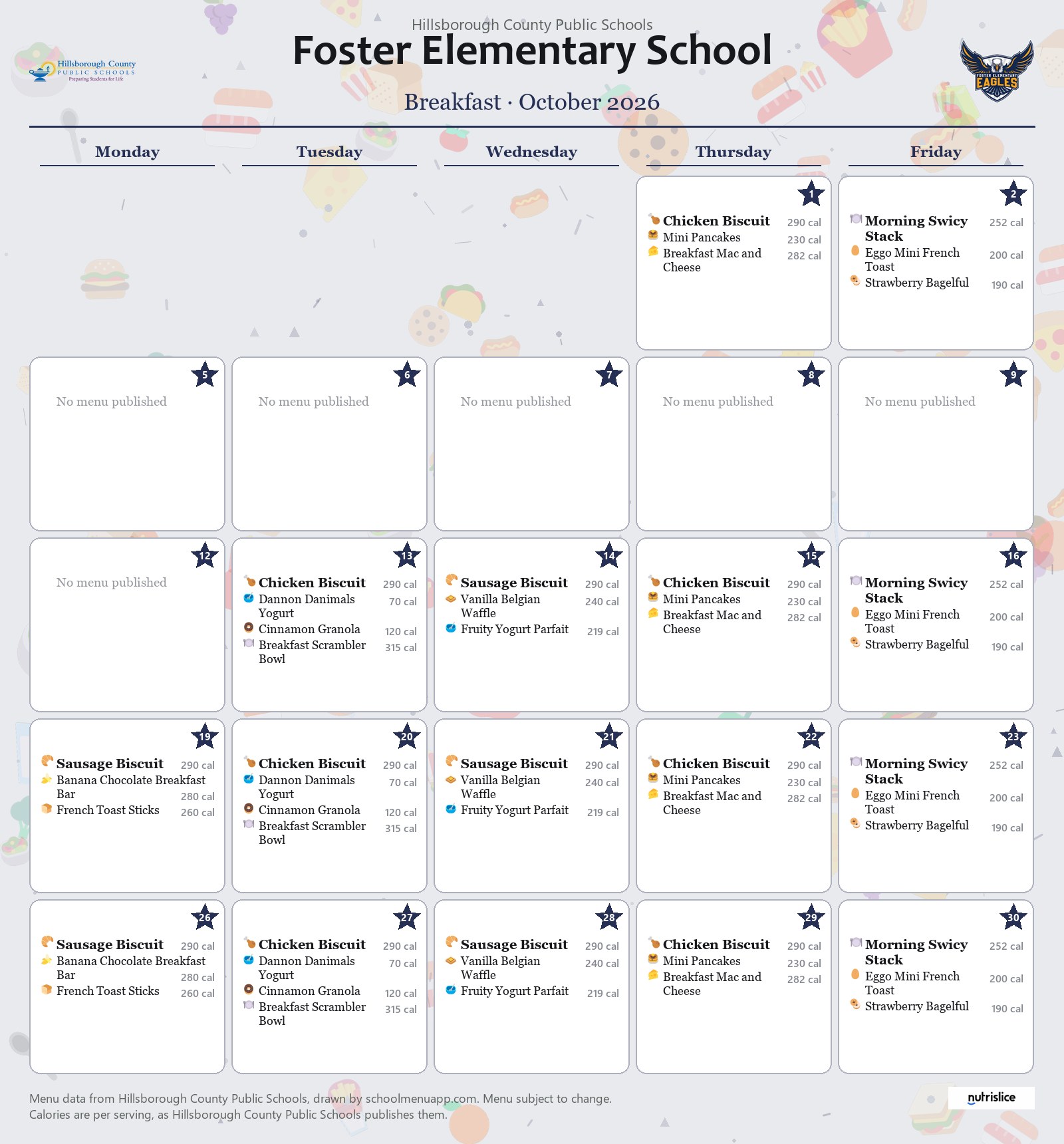 Foster Elementary School breakfast menu for October 2026 &mdash; Hillsborough County Public Schools