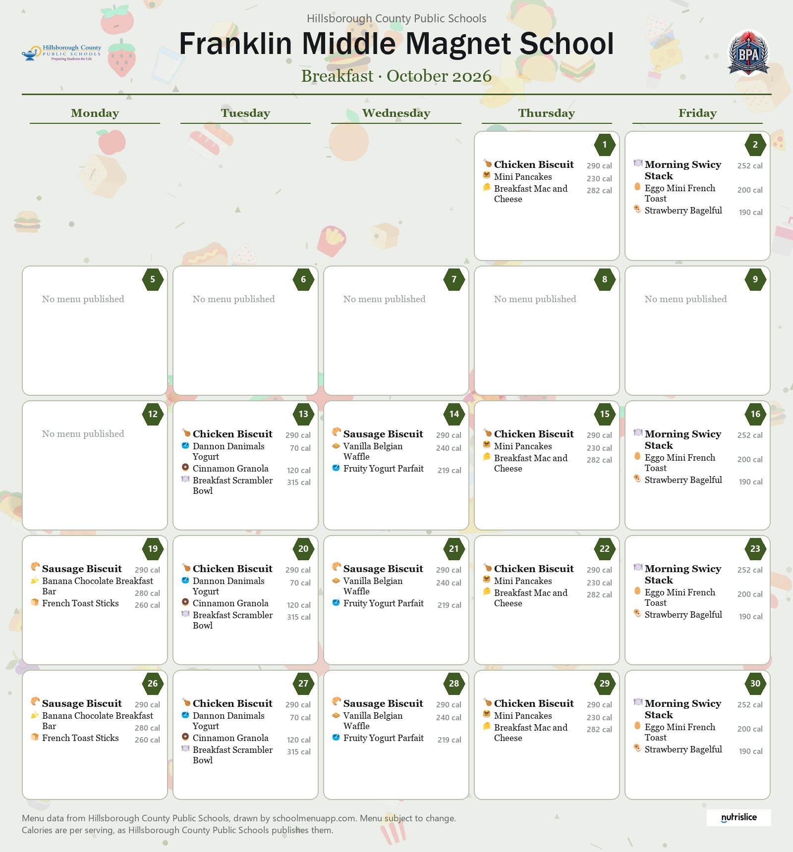 Franklin Middle Magnet School breakfast menu for October 2026 &mdash; Hillsborough County Public Schools