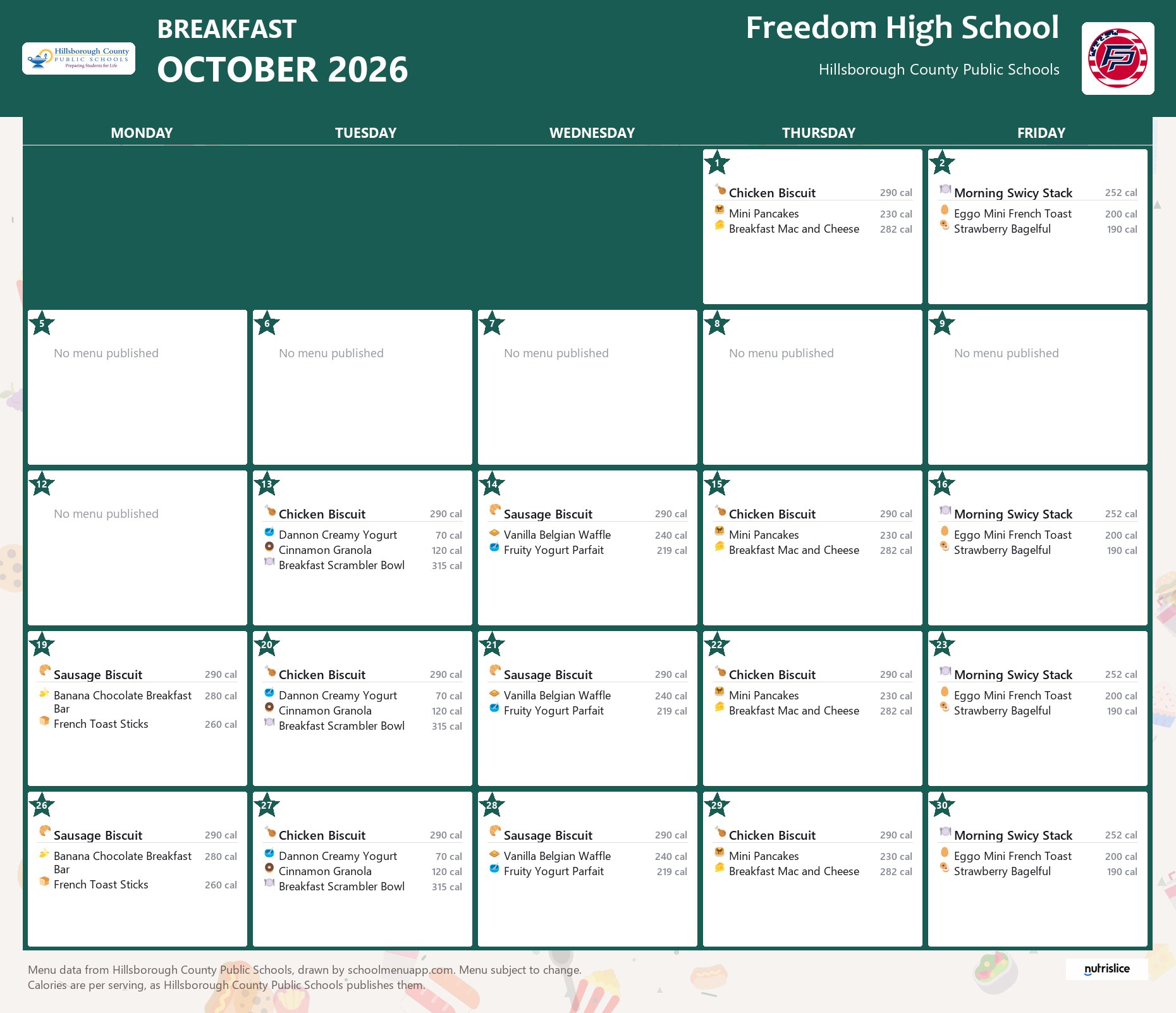 Freedom High School breakfast menu for October 2026 &mdash; Hillsborough County Public Schools