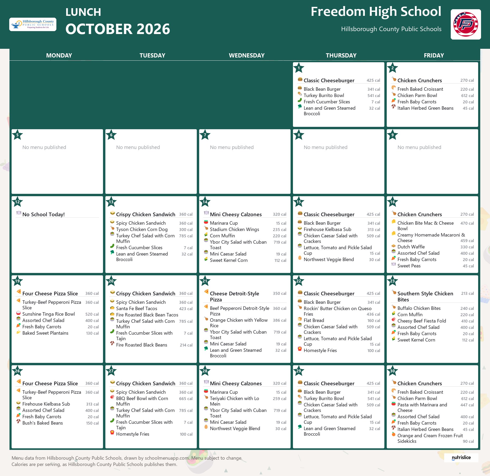 Freedom High School lunch menu for October 2026 &mdash; Hillsborough County Public Schools