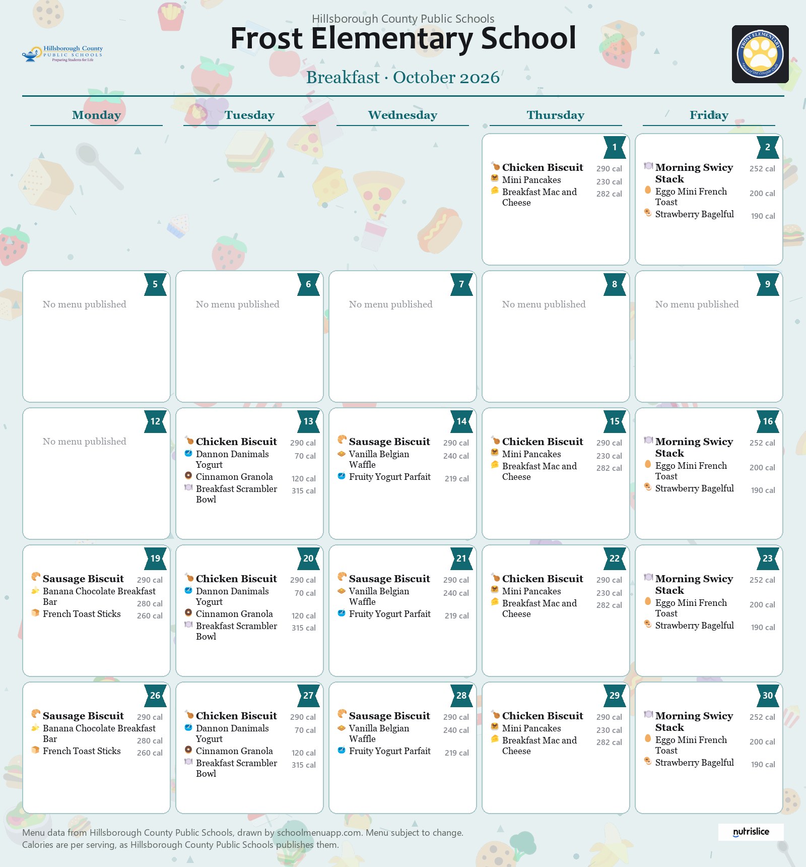 Frost Elementary School breakfast menu for October 2026 &mdash; Hillsborough County Public Schools