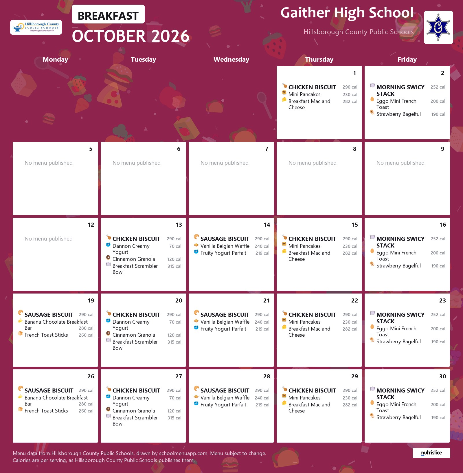Gaither High School breakfast menu for October 2026 &mdash; Hillsborough County Public Schools