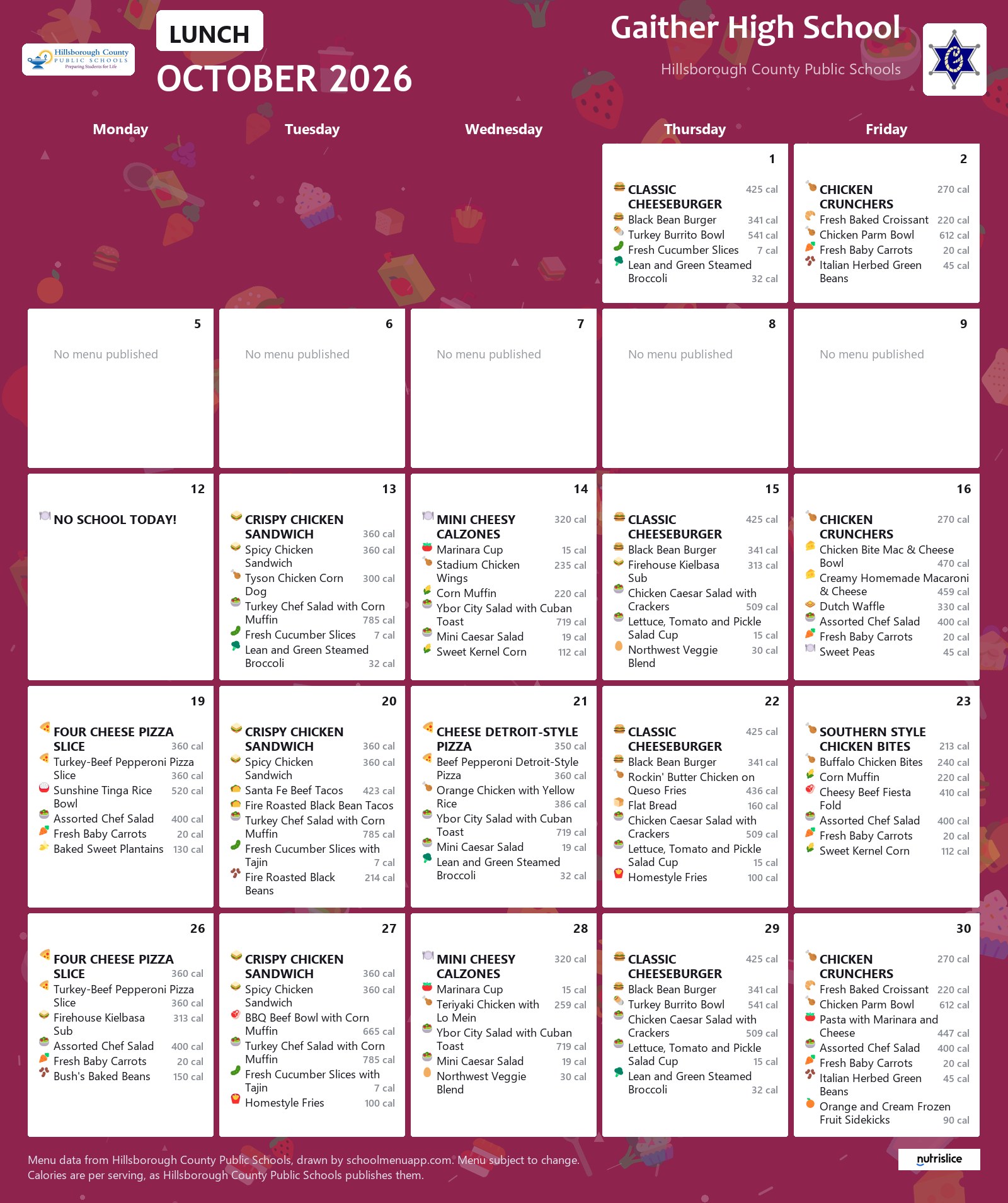 Gaither High School lunch menu for October 2026 &mdash; Hillsborough County Public Schools