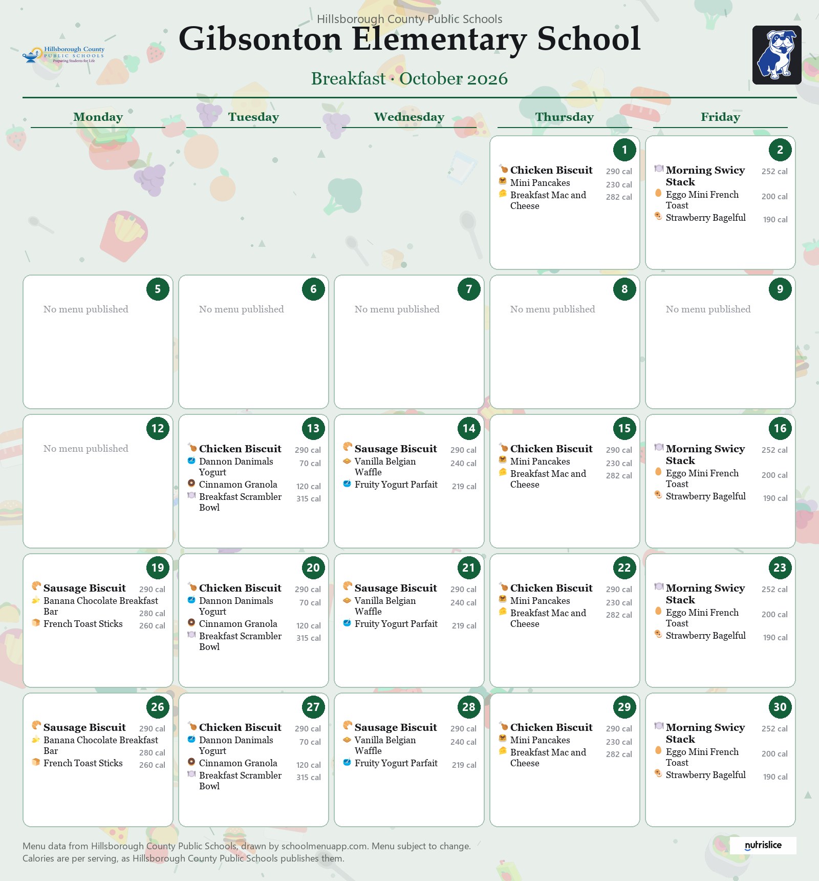 Gibsonton Elementary School breakfast menu for October 2026 &mdash; Hillsborough County Public Schools