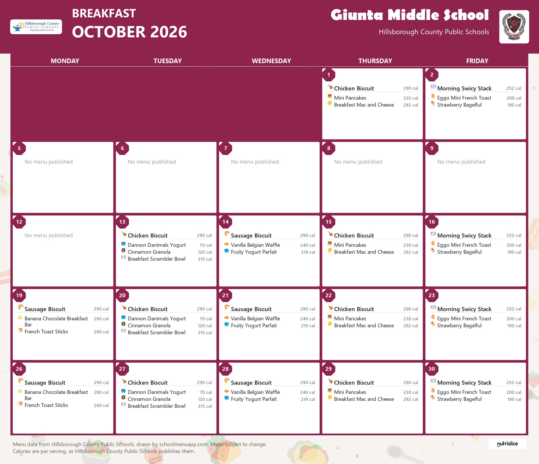 Giunta Middle School breakfast menu for October 2026 &mdash; Hillsborough County Public Schools