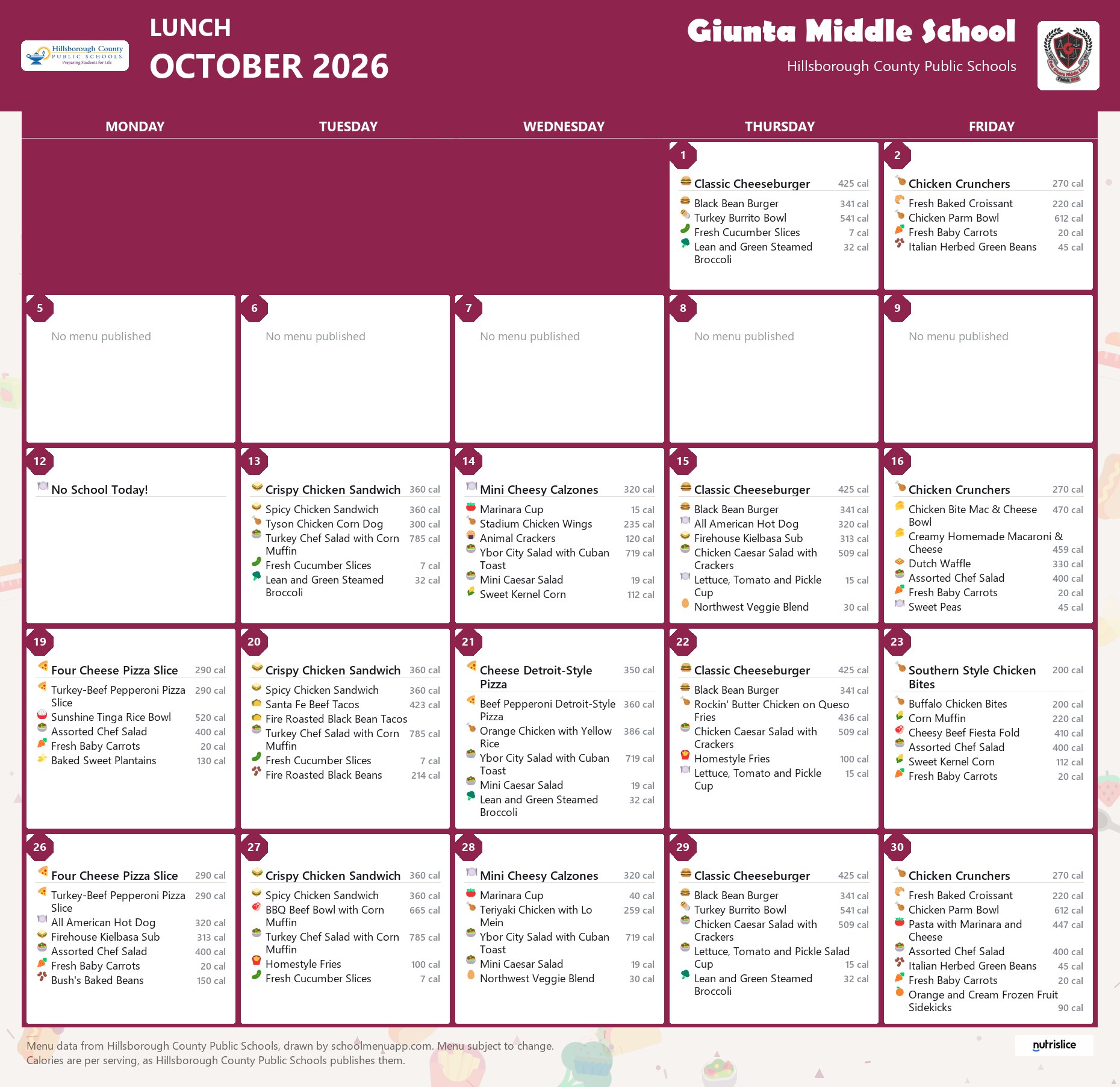 Giunta Middle School lunch menu for October 2026 &mdash; Hillsborough County Public Schools