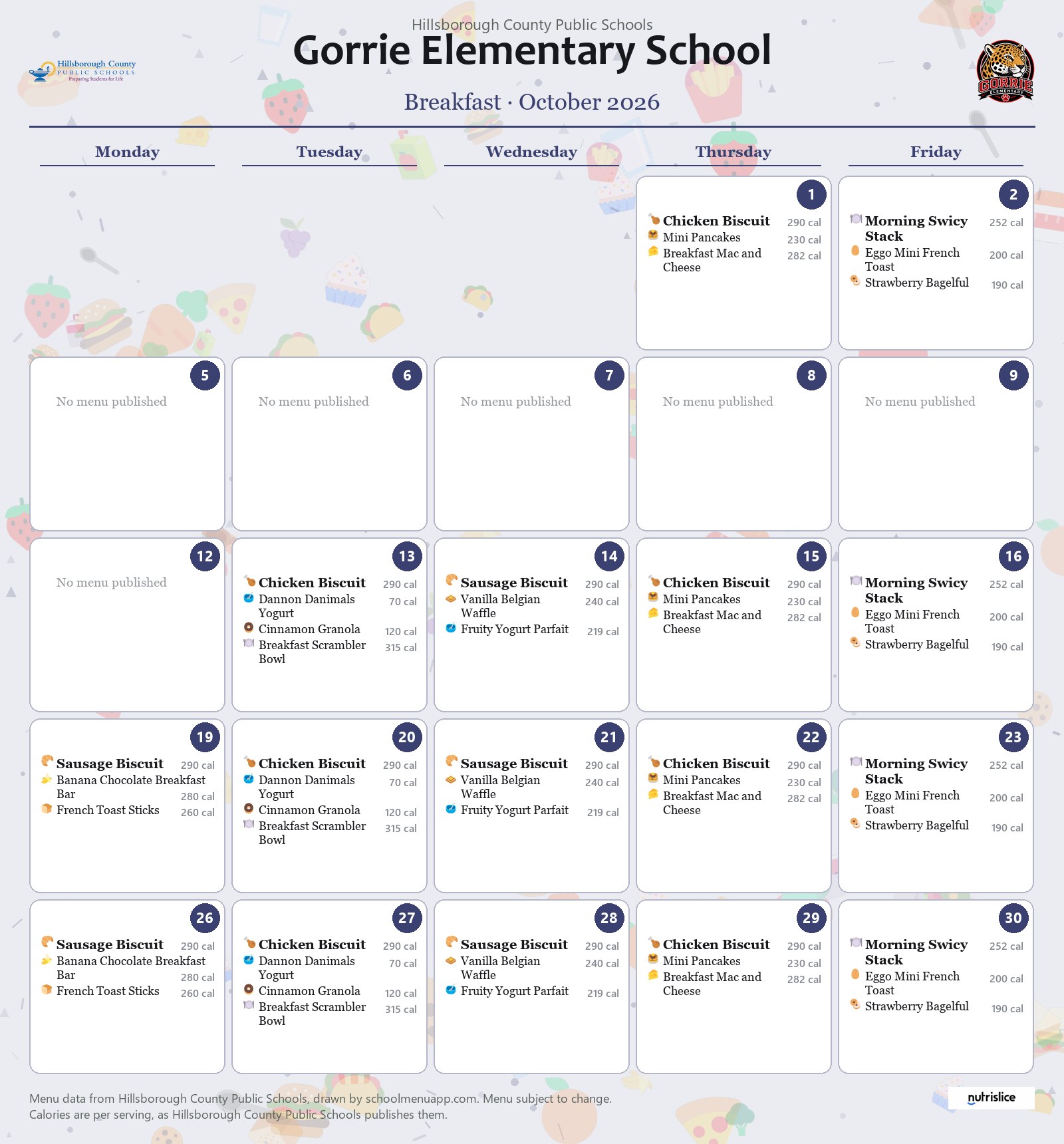 Gorrie Elementary School breakfast menu for October 2026 &mdash; Hillsborough County Public Schools