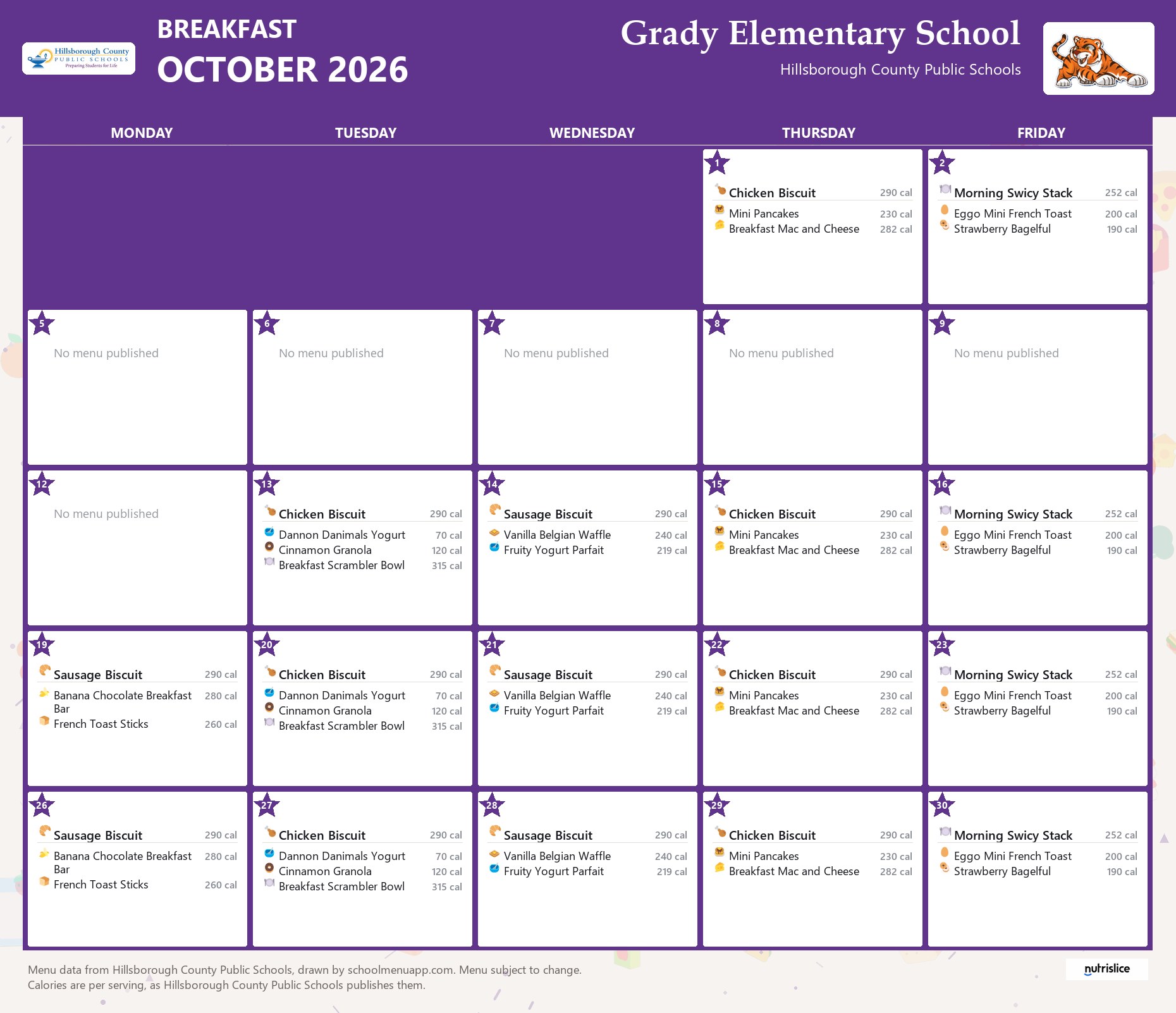 Grady Elementary School breakfast menu for October 2026 &mdash; Hillsborough County Public Schools
