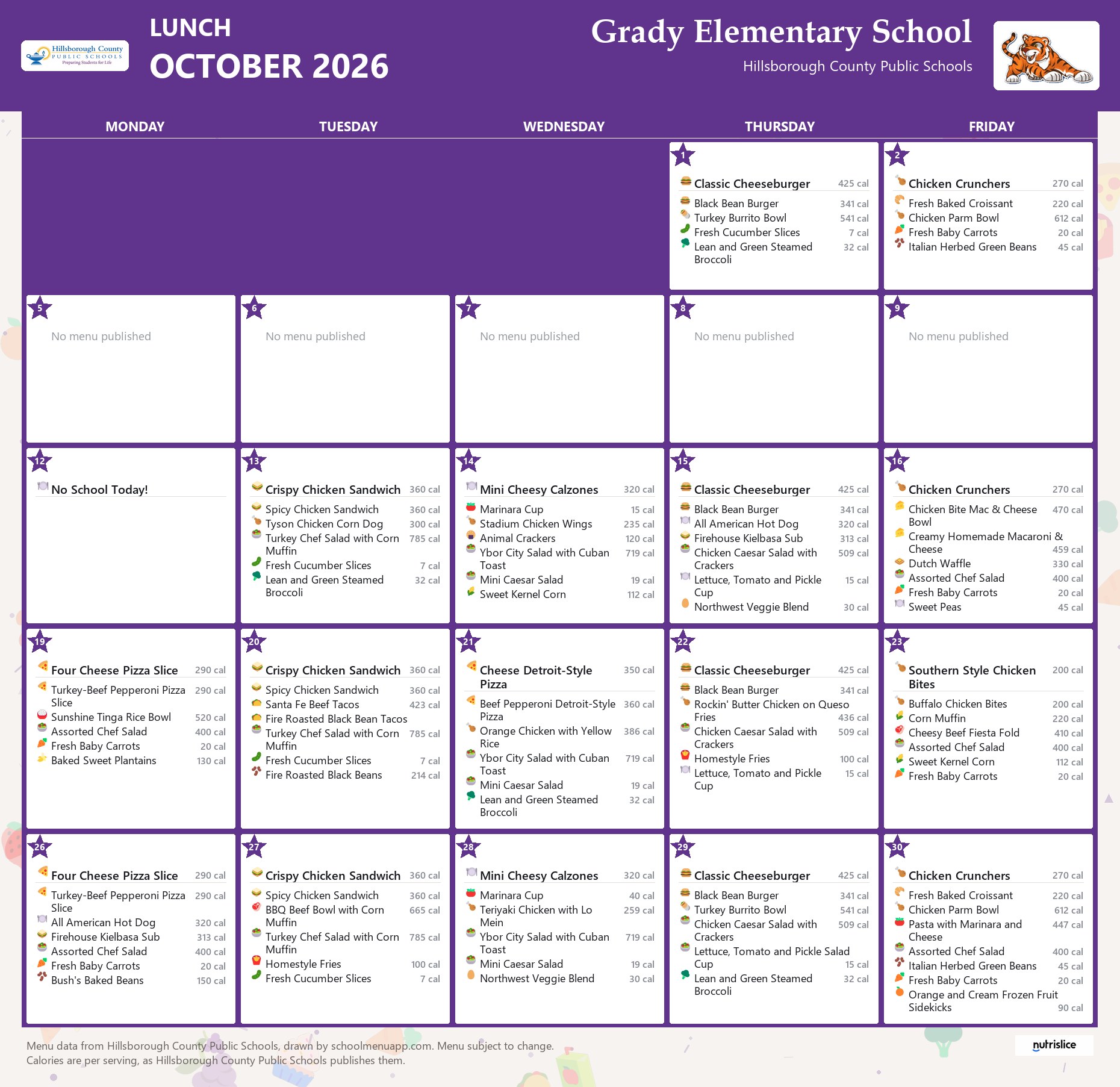 Grady Elementary School lunch menu for October 2026 &mdash; Hillsborough County Public Schools