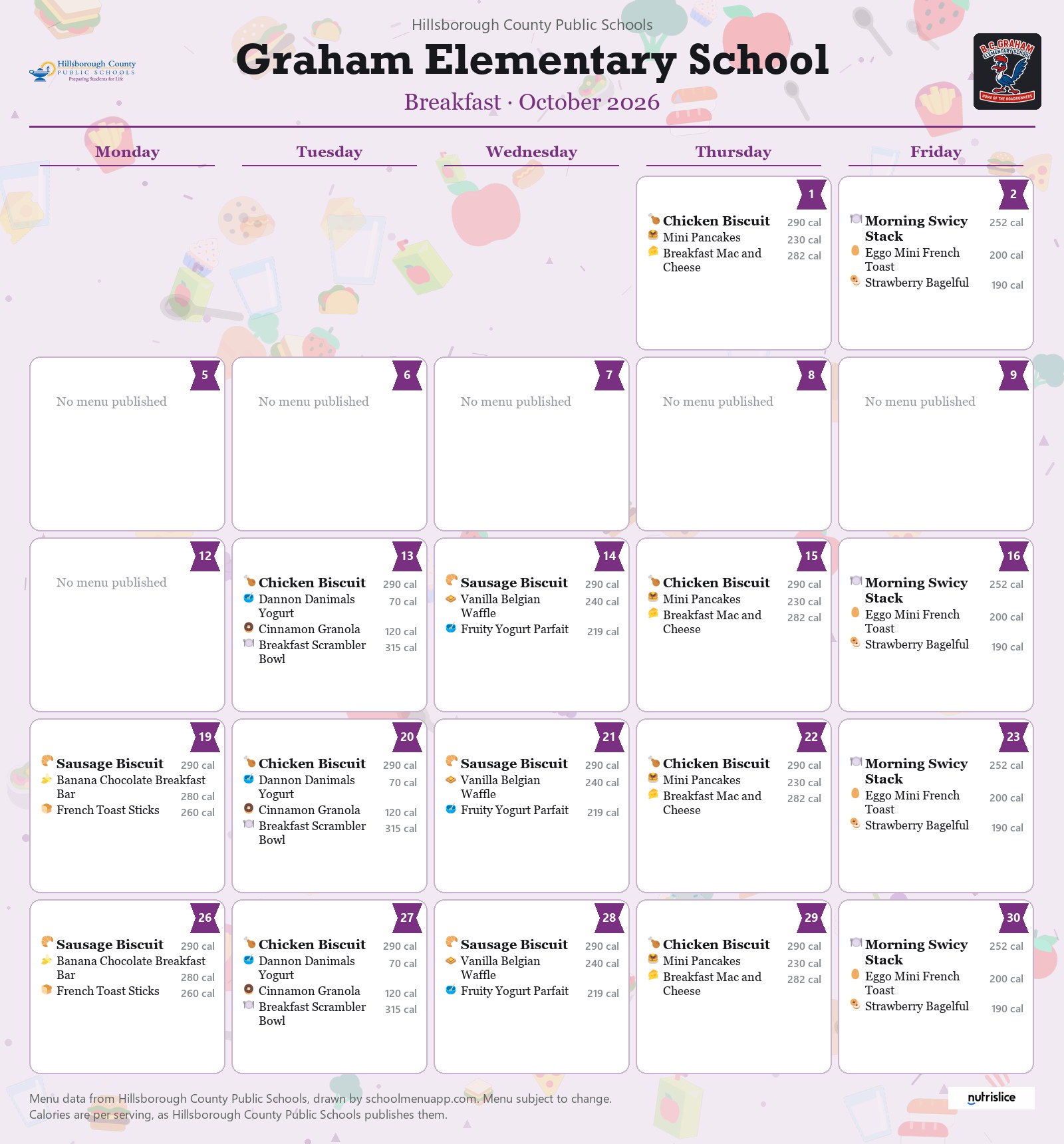 Graham Elementary School breakfast menu for October 2026 &mdash; Hillsborough County Public Schools