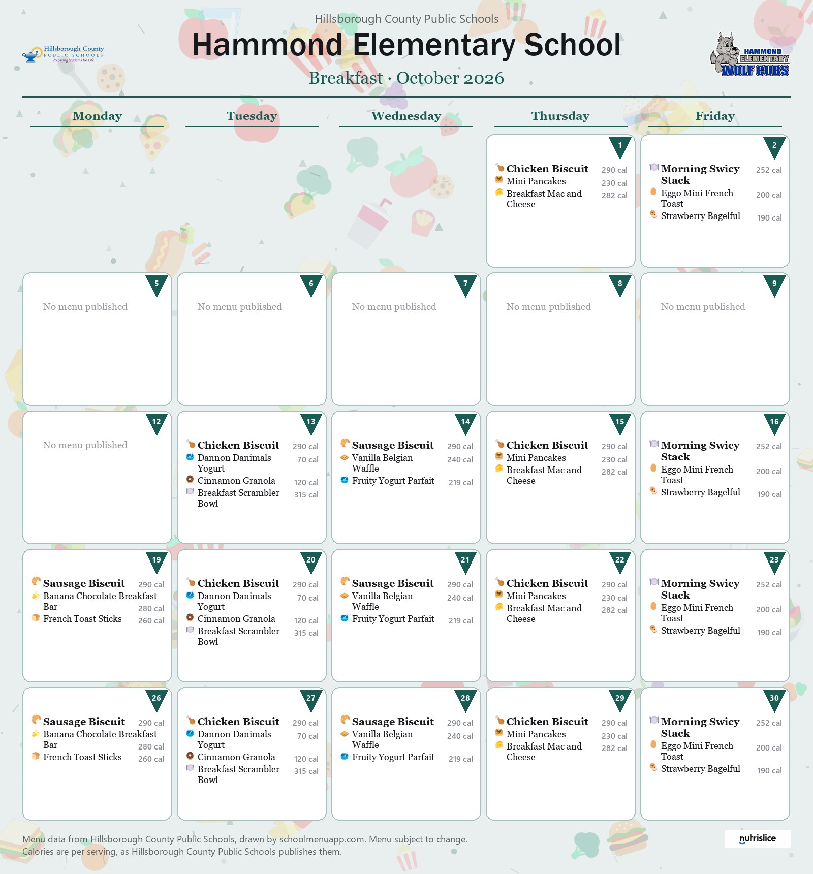 Hammond Elementary School breakfast menu for October 2026 &mdash; Hillsborough County Public Schools