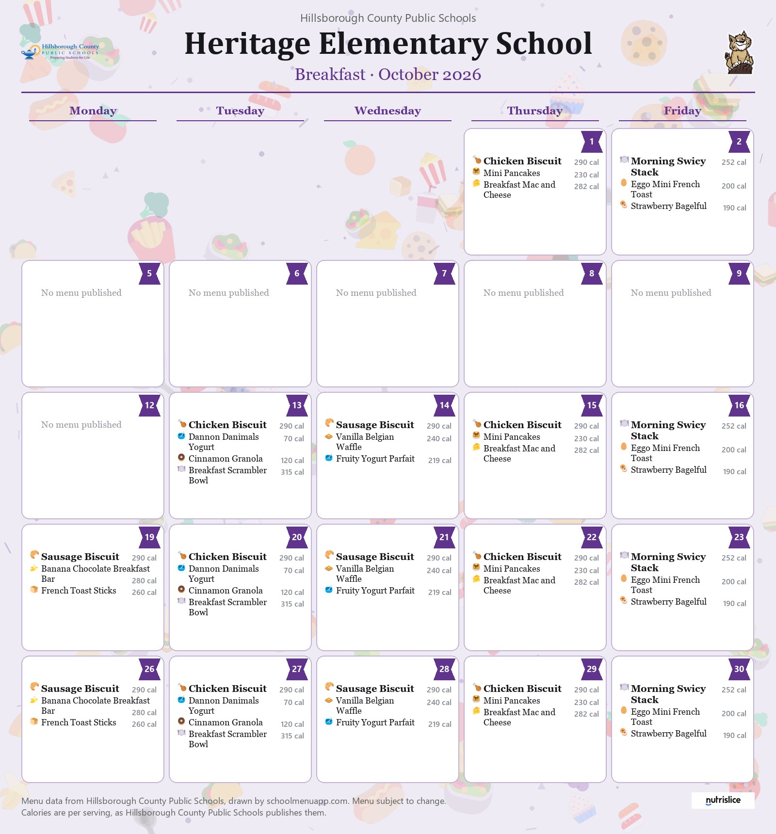 Heritage Elementary School breakfast menu for October 2026 &mdash; Hillsborough County Public Schools