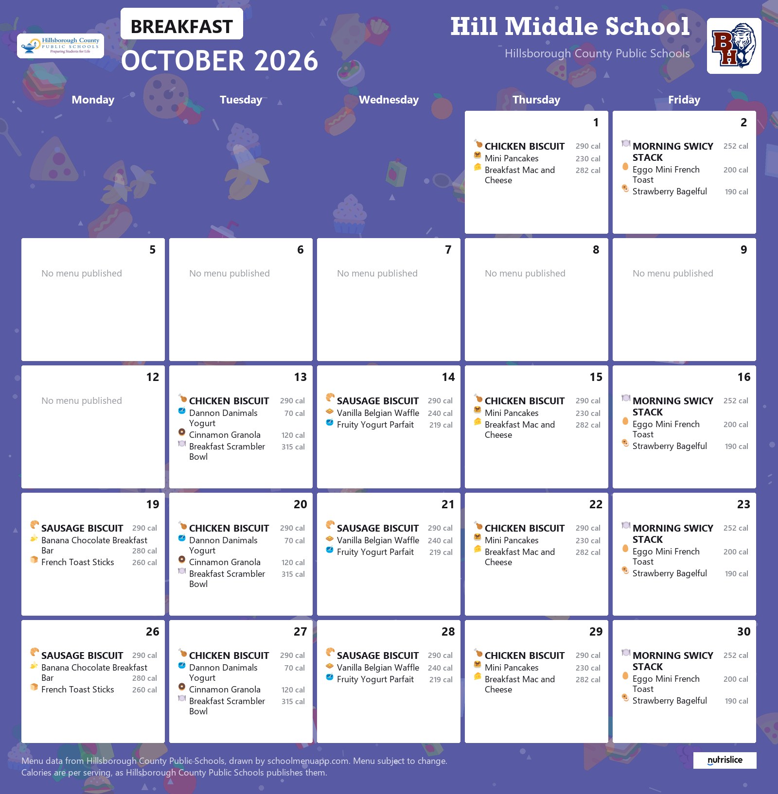 Hill Middle School breakfast menu for October 2026 &mdash; Hillsborough County Public Schools