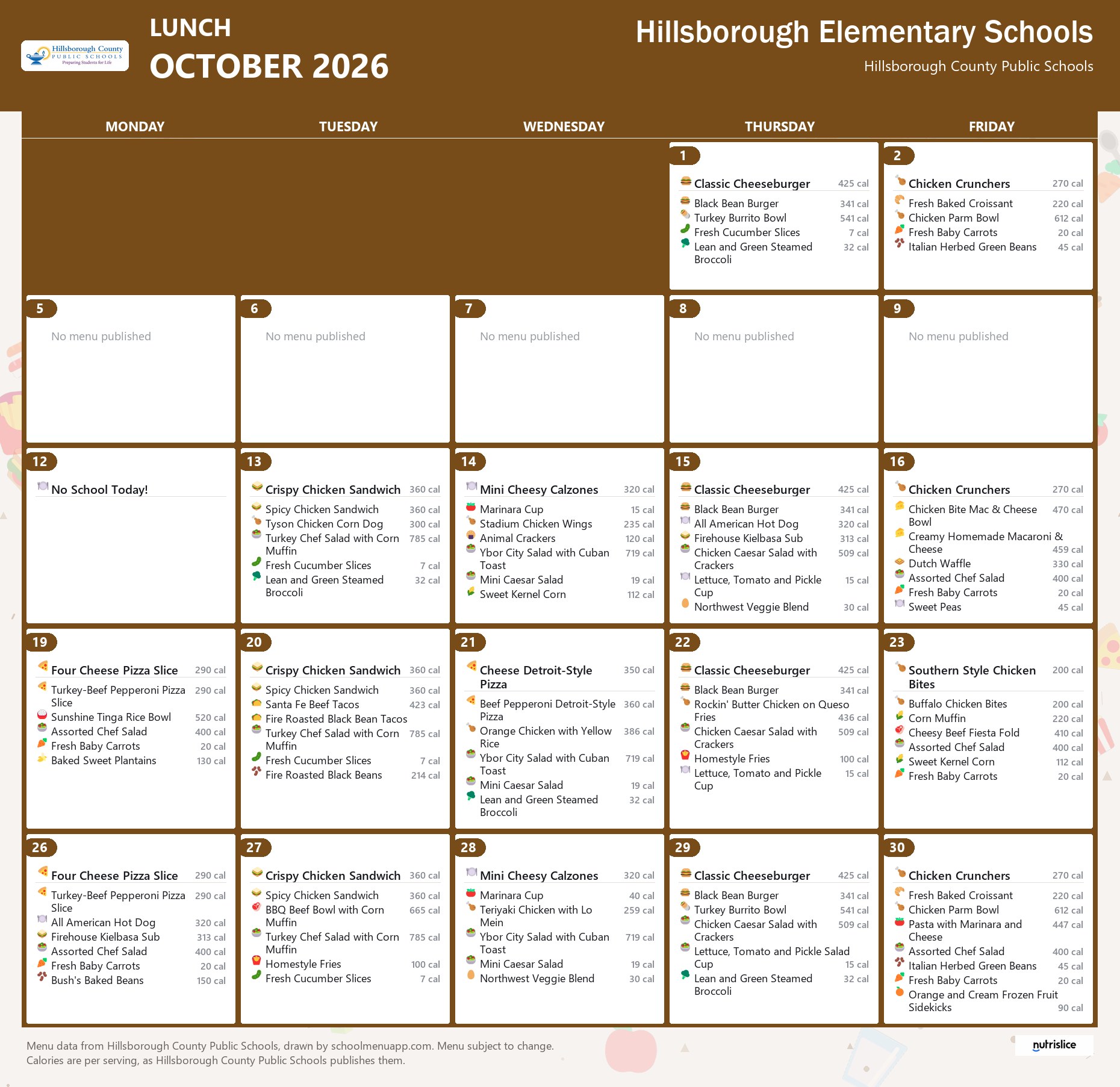 Hillsborough Elementary Schools lunch menu for October 2026 &mdash; Hillsborough County Public Schools