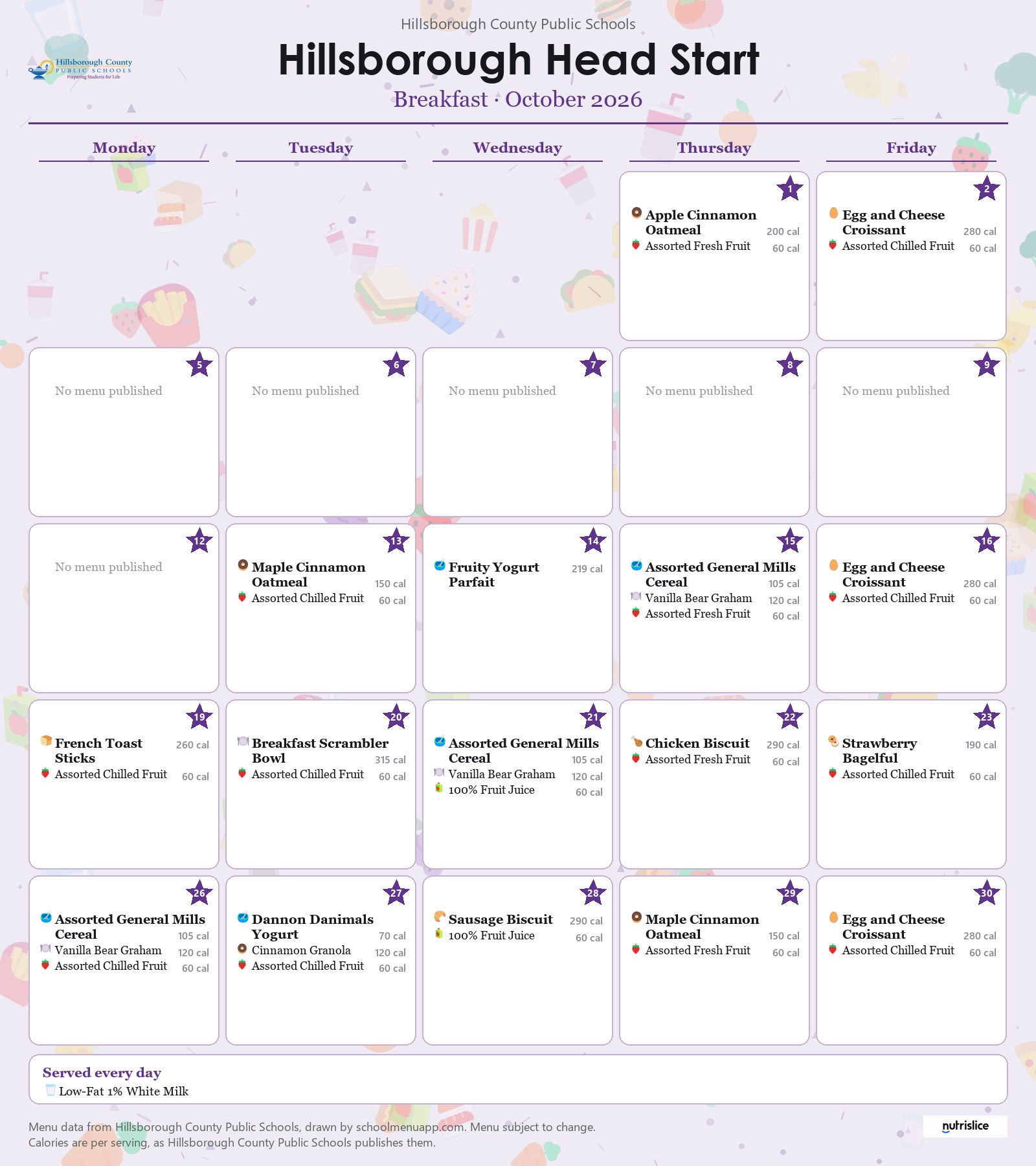 Hillsborough Head Start breakfast menu for October 2026 &mdash; Hillsborough County Public Schools