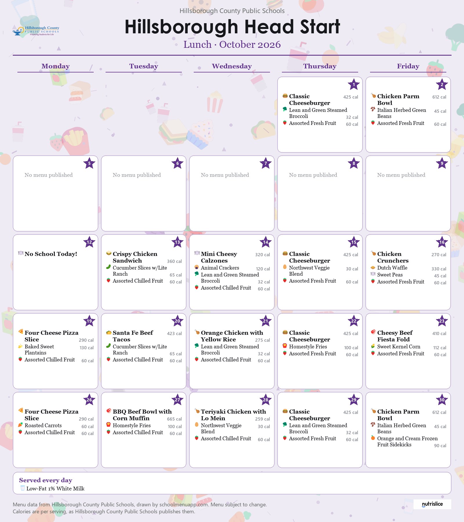 Hillsborough Head Start lunch menu for October 2026 &mdash; Hillsborough County Public Schools