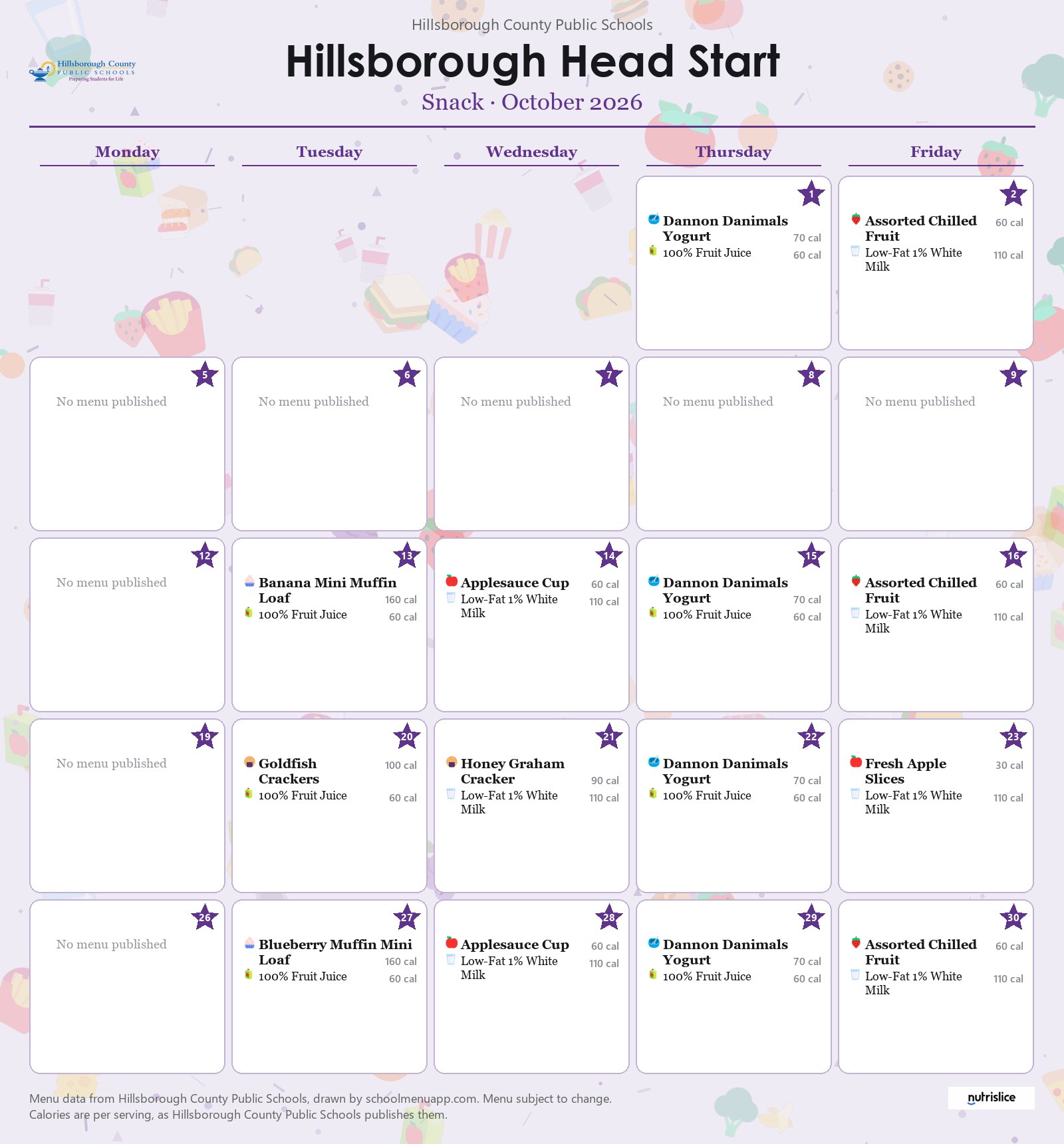 Hillsborough Head Start snack menu for October 2026 &mdash; Hillsborough County Public Schools