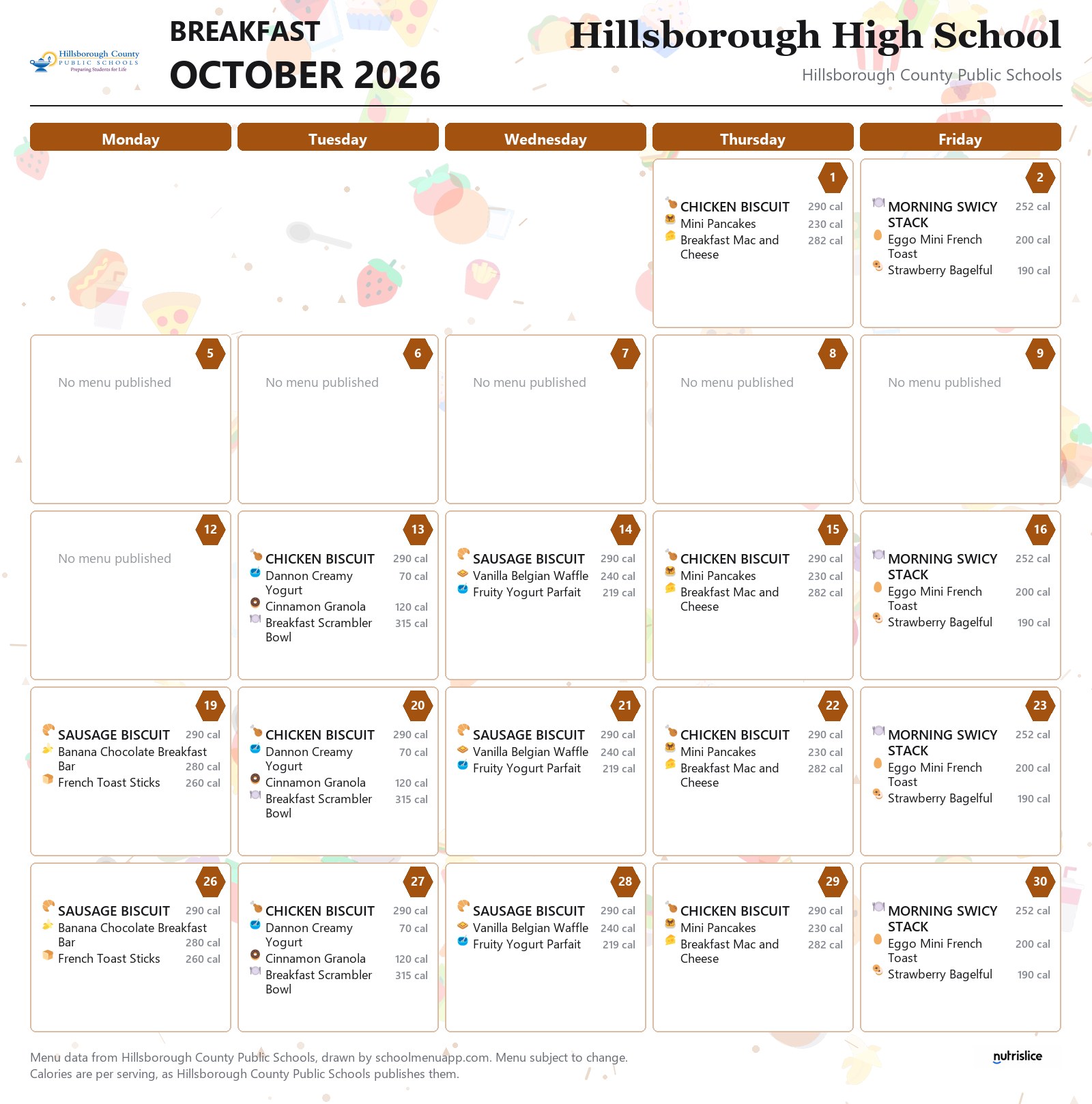 Hillsborough High School breakfast menu for October 2026 &mdash; Hillsborough County Public Schools