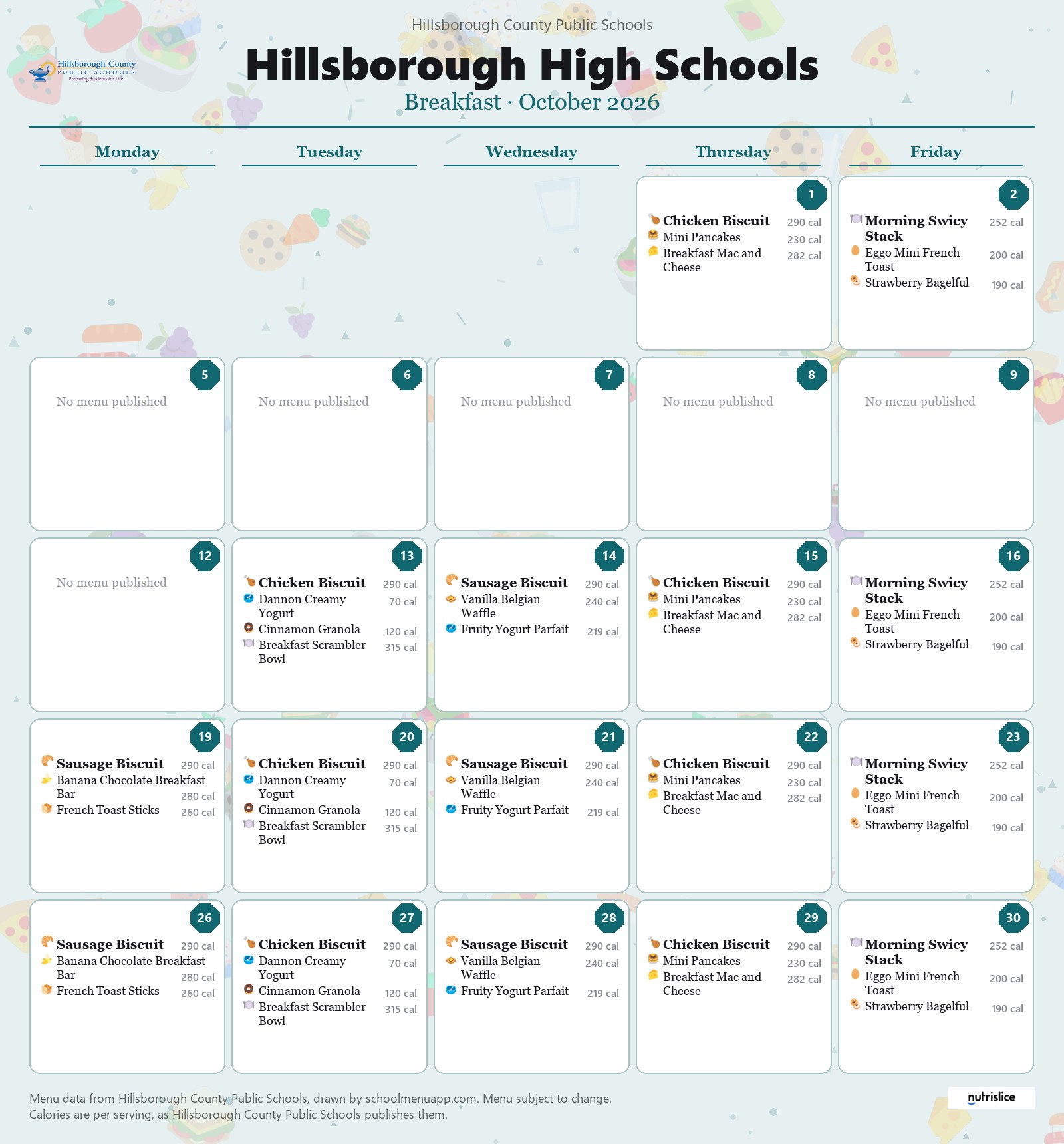 Hillsborough High Schools breakfast menu for October 2026 &mdash; Hillsborough County Public Schools