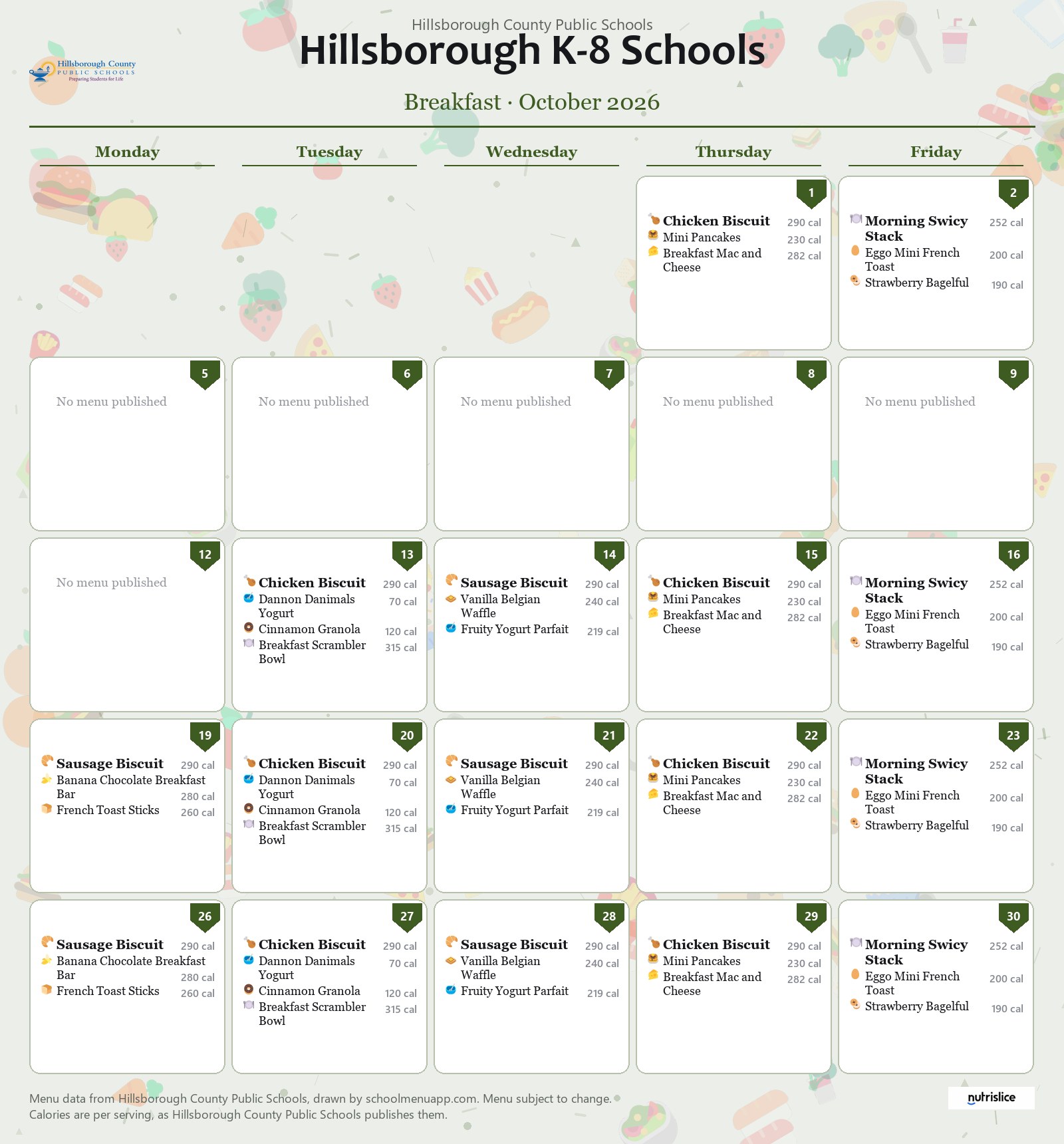 Hillsborough K-8 Schools breakfast menu for October 2026 &mdash; Hillsborough County Public Schools