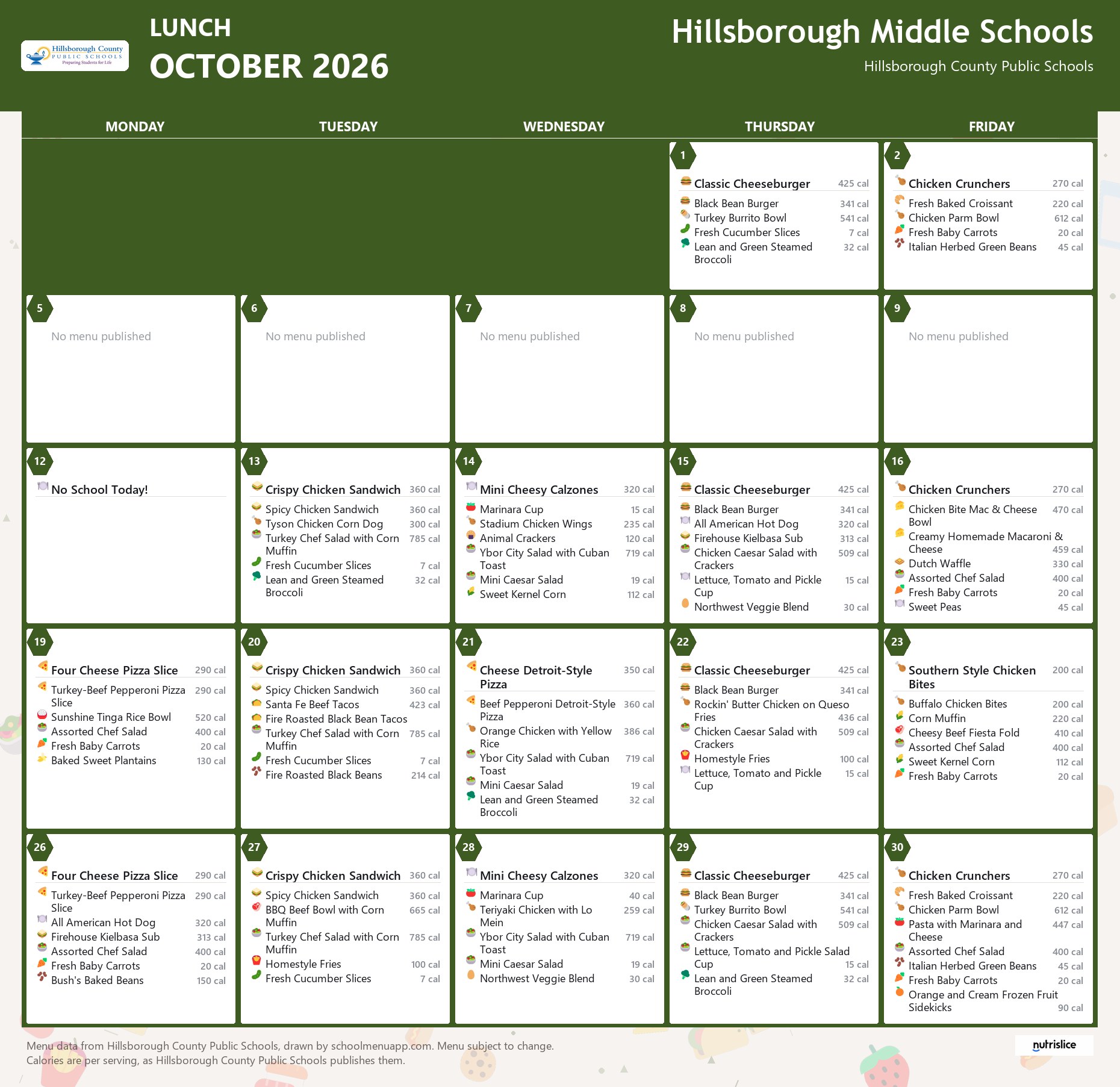 Hillsborough Middle Schools lunch menu for October 2026 &mdash; Hillsborough County Public Schools
