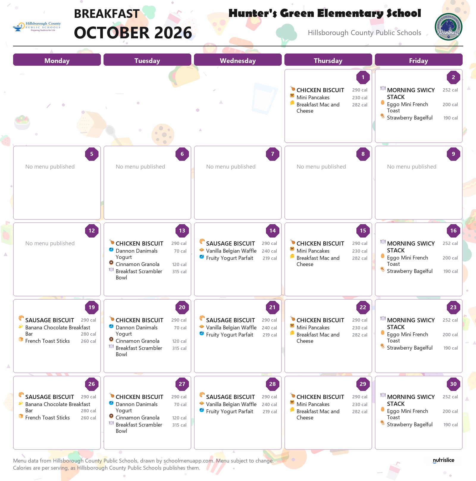 Hunter's Green Elementary School breakfast menu for October 2026 &mdash; Hillsborough County Public Schools