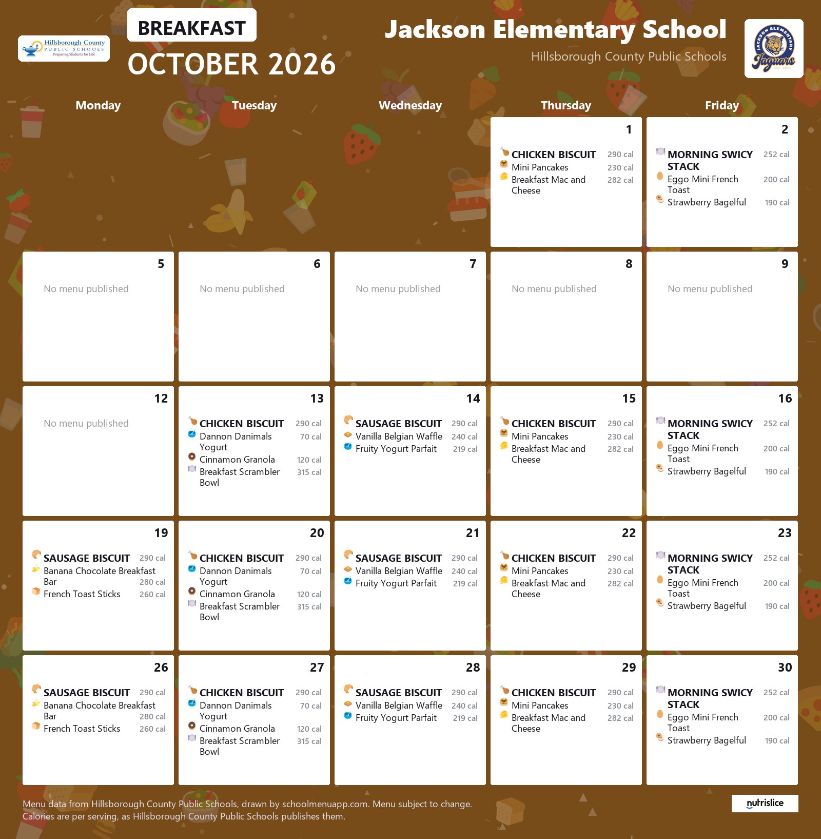 Jackson Elementary School breakfast menu for October 2026 &mdash; Hillsborough County Public Schools