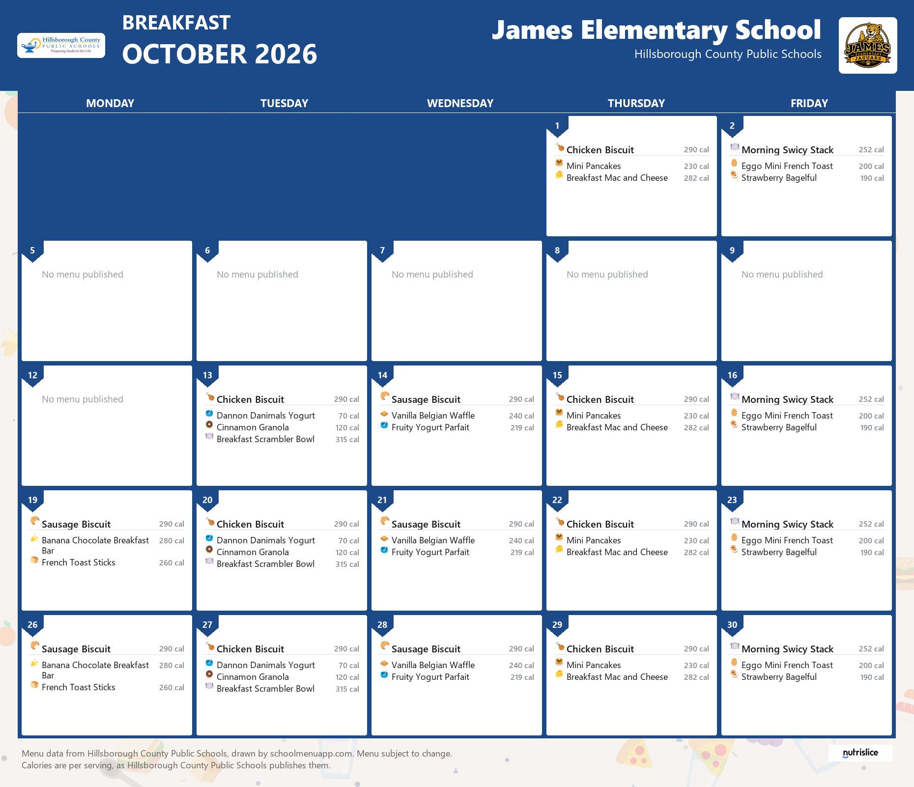 James Elementary School breakfast menu for October 2026 &mdash; Hillsborough County Public Schools