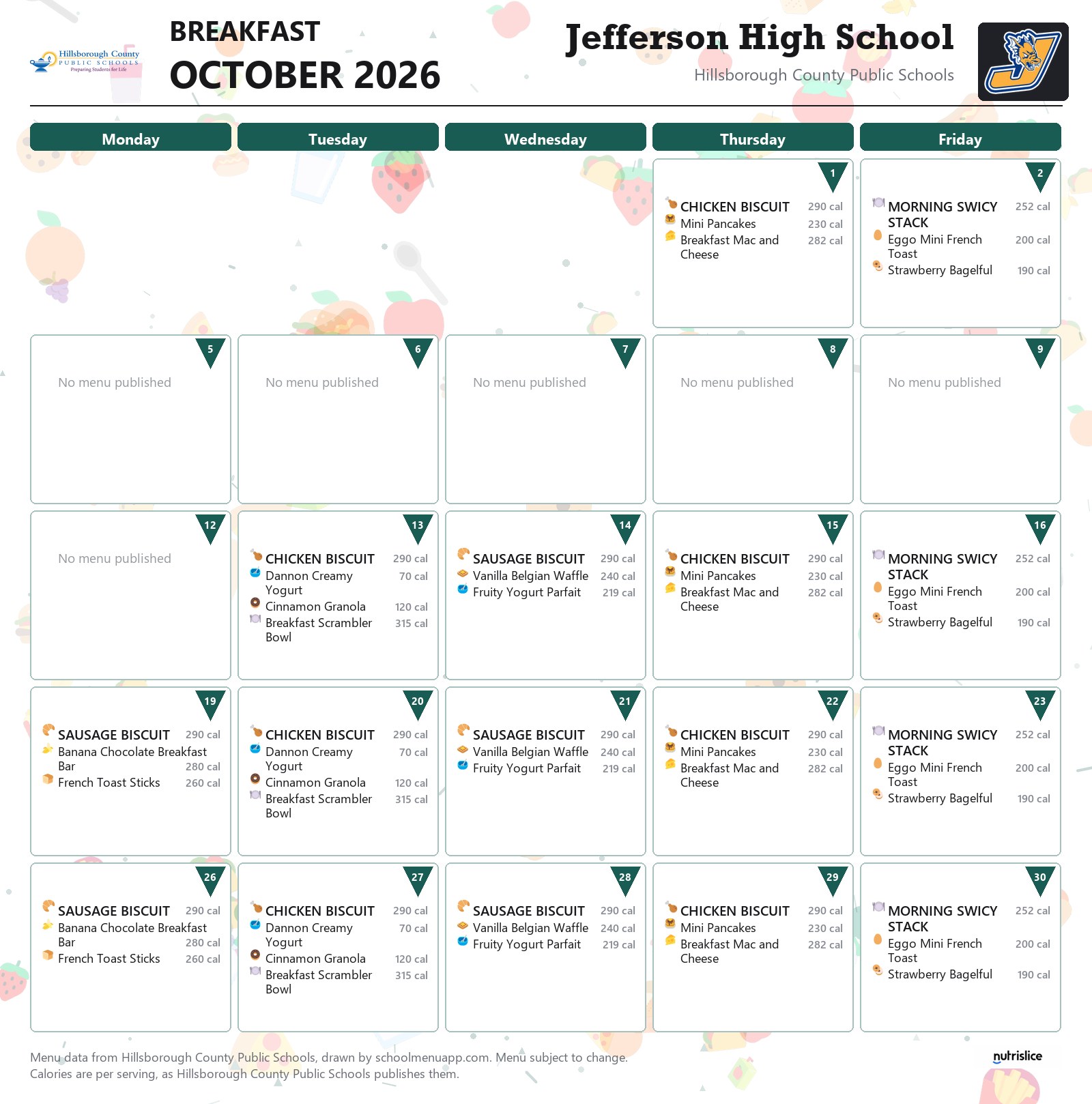 Jefferson High School breakfast menu for October 2026 &mdash; Hillsborough County Public Schools