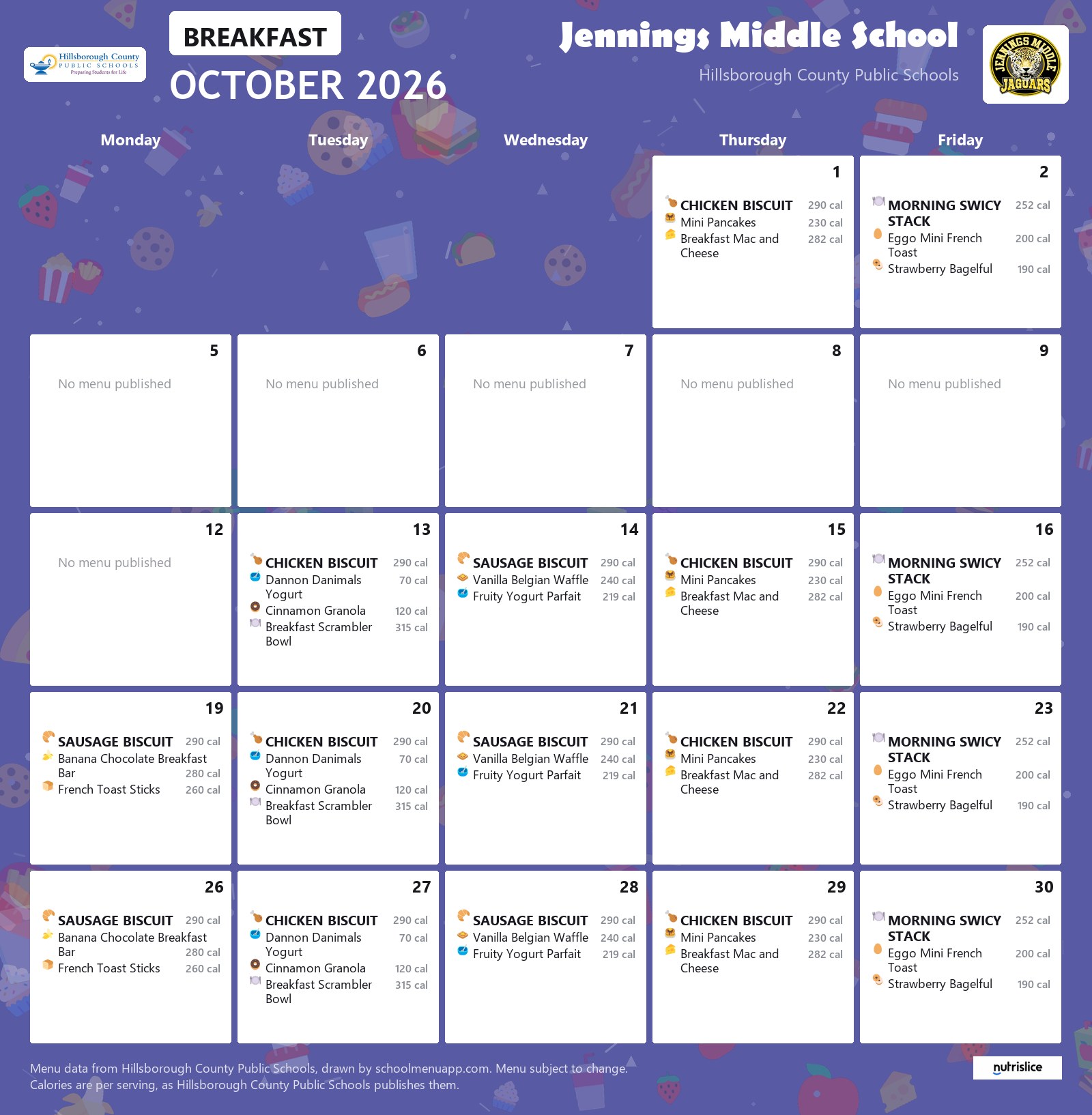 Jennings Middle School breakfast menu for October 2026 &mdash; Hillsborough County Public Schools