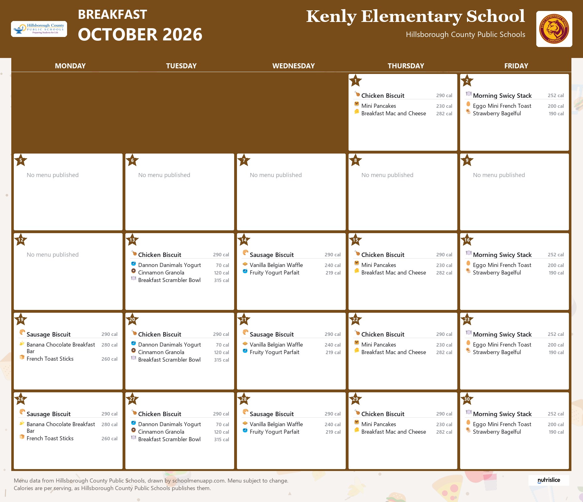 Kenly Elementary School breakfast menu for October 2026 &mdash; Hillsborough County Public Schools