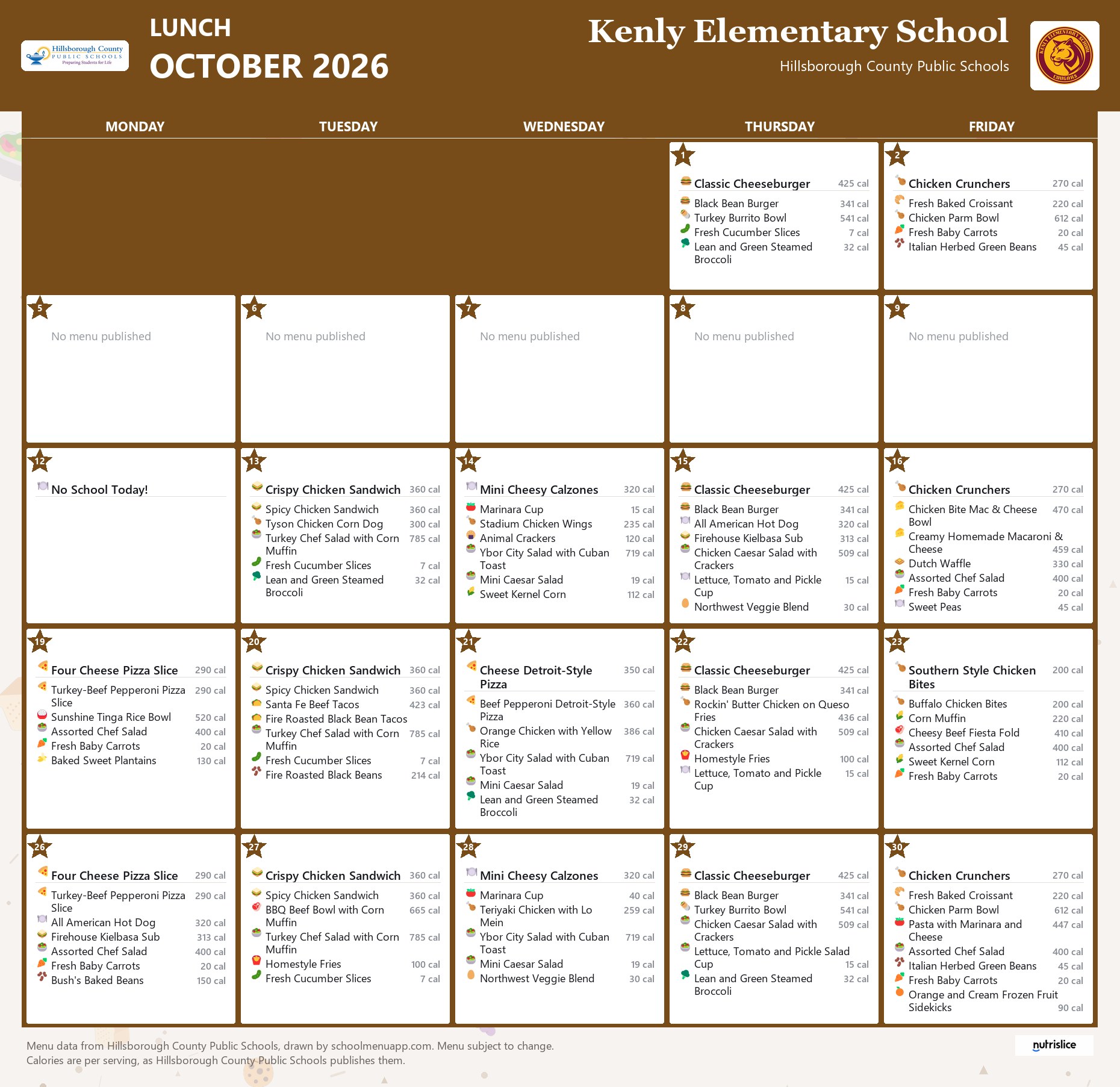 Kenly Elementary School lunch menu for October 2026 &mdash; Hillsborough County Public Schools