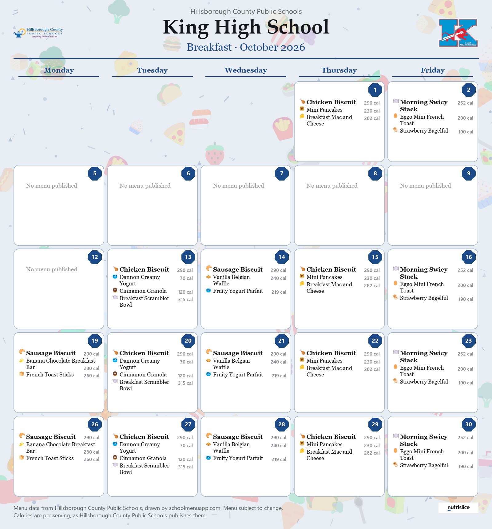 King High School breakfast menu for October 2026 &mdash; Hillsborough County Public Schools