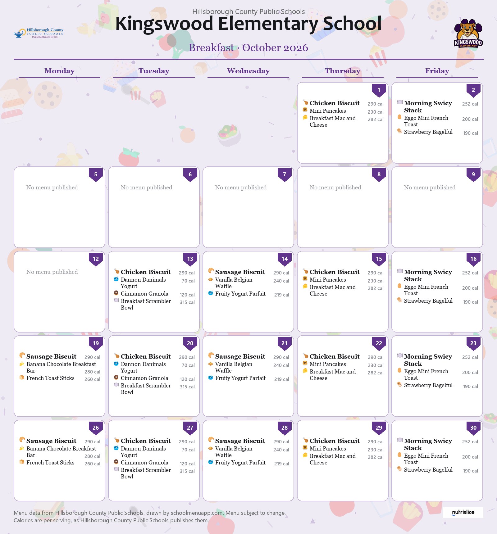Kingswood Elementary School breakfast menu for October 2026 &mdash; Hillsborough County Public Schools