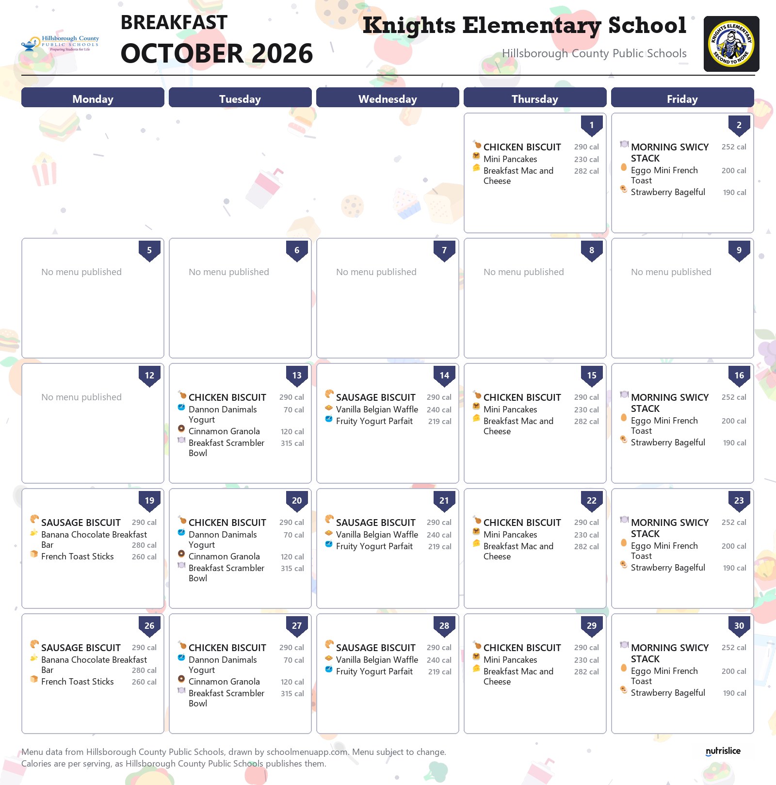 Knights Elementary School breakfast menu for October 2026 &mdash; Hillsborough County Public Schools